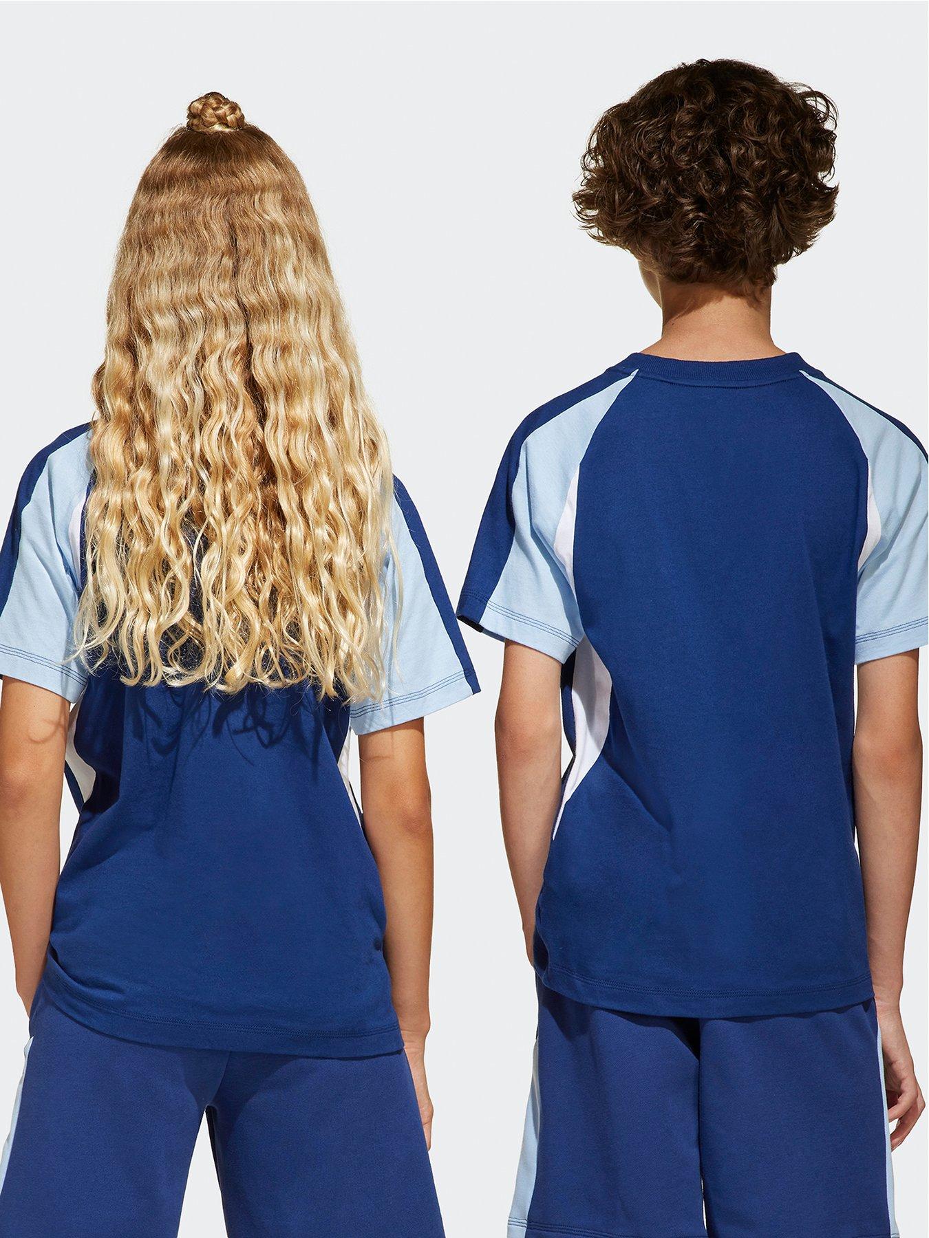  image of adidas-sportswear-junior-boys-seasonal-essentials-colorblock-t-shirt-dark-blueglow-bluewhite