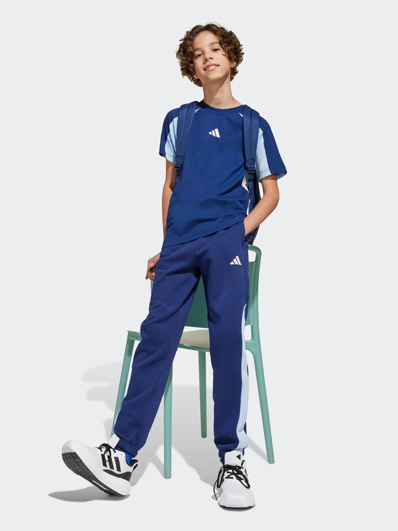  image of adidas-sportswear-junior-boys-seasonal-essentials-colorblock-t-shirt-dark-blueglow-bluewhite