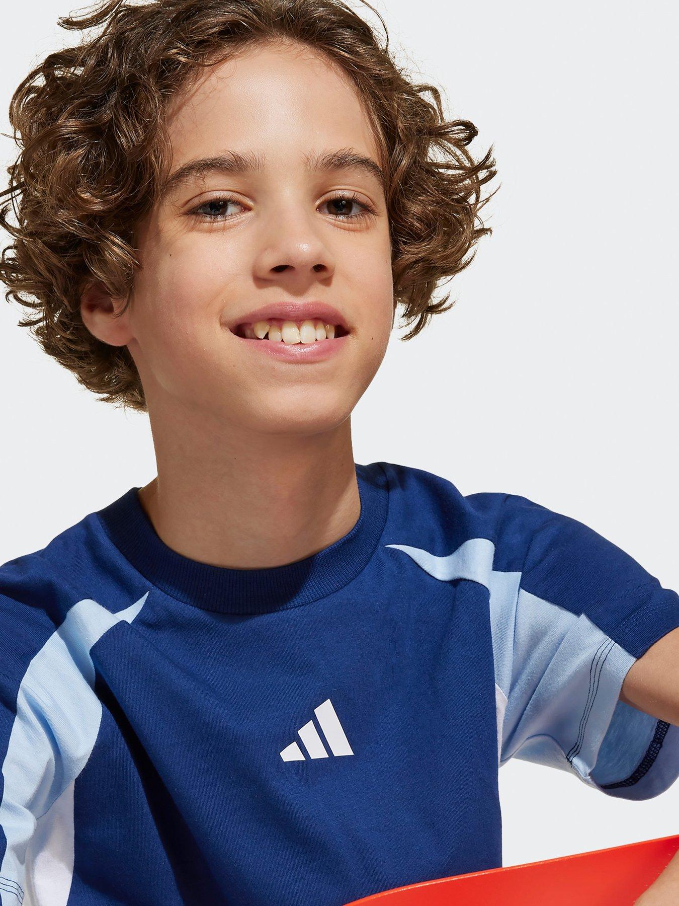  image of adidas-sportswear-junior-boys-seasonal-essentials-colorblock-t-shirt-dark-blueglow-bluewhite