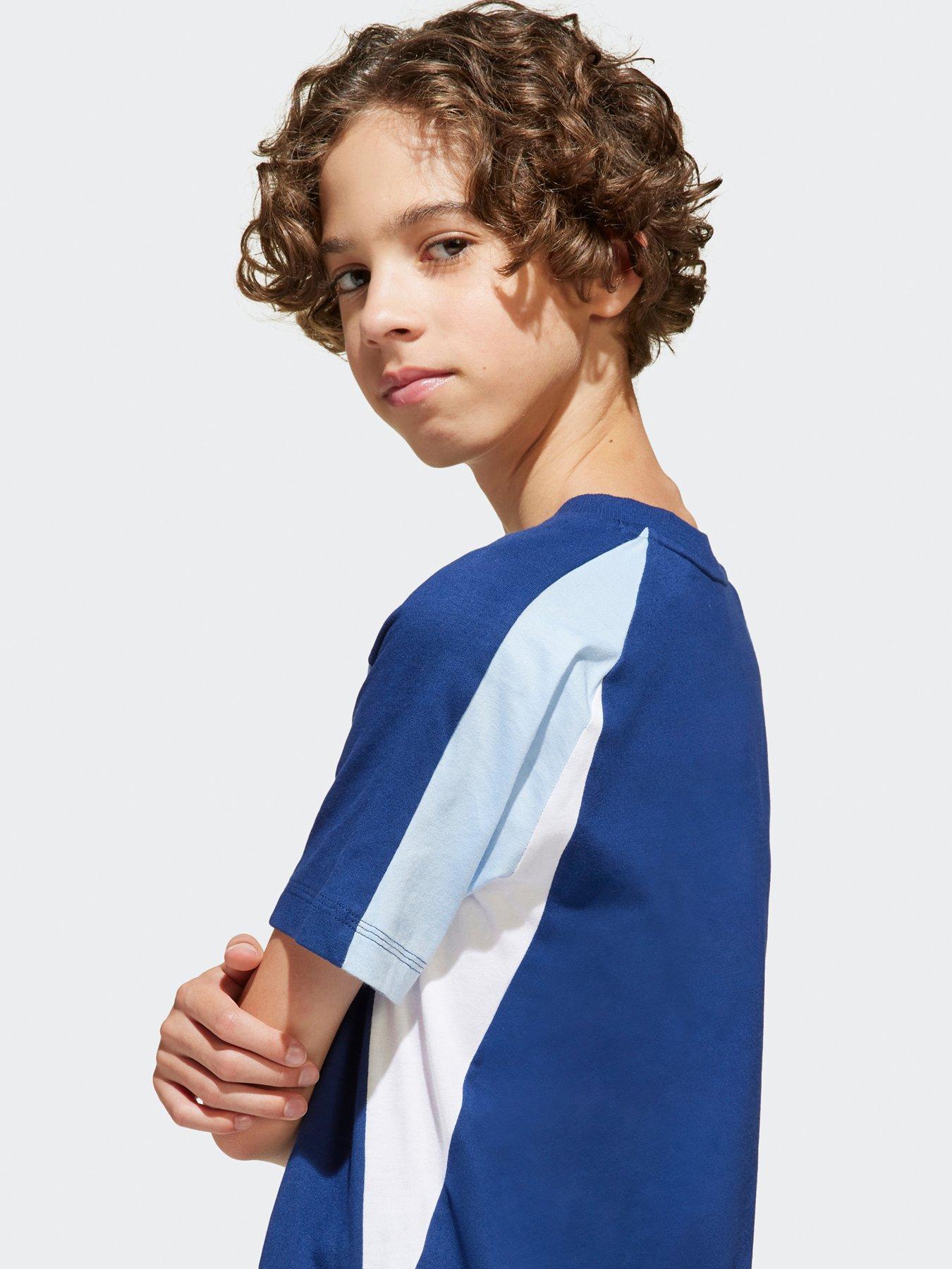  image of adidas-sportswear-junior-boys-seasonal-essentials-colorblock-t-shirt-dark-blueglow-bluewhite