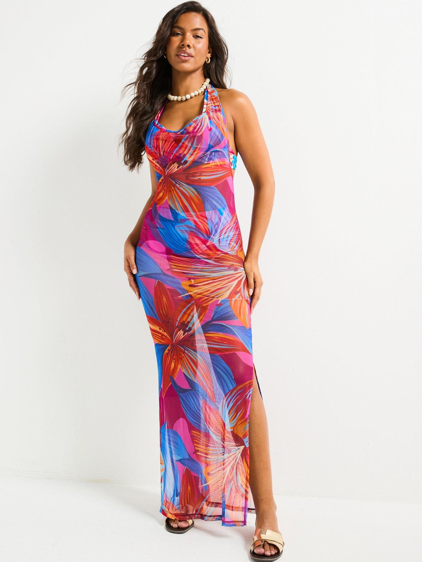 undefined Printed Mesh Halter Maxi Dress - Print