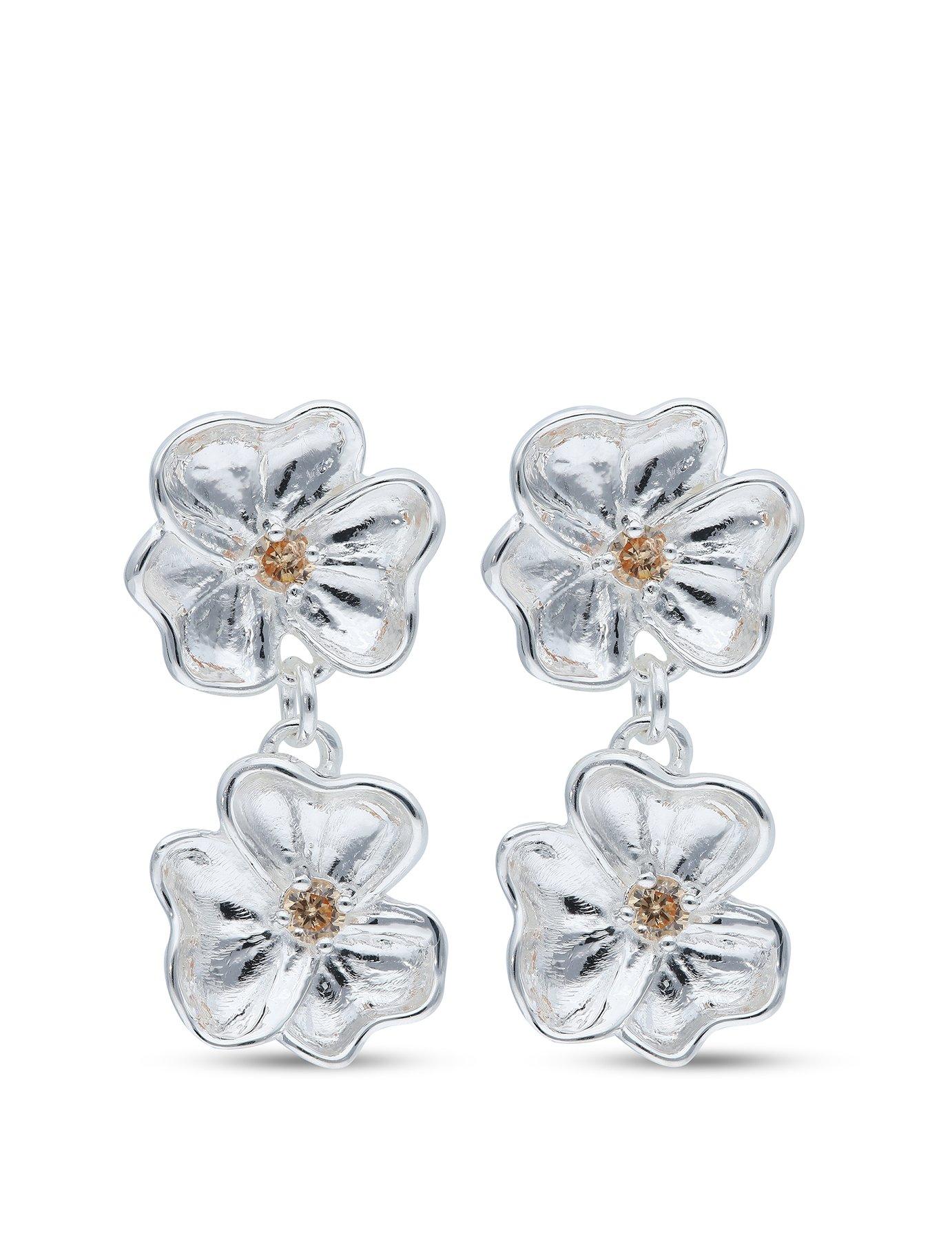 undefined Sterling Silver Flower Double Drop Earrings