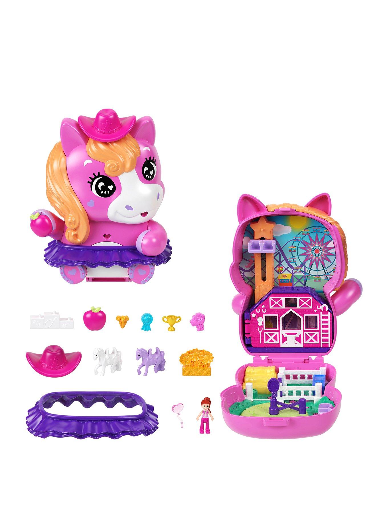  image of polly-pocket-pony-rodeo-compact-playset-with-1-micro-doll-and-pet-horses-travel-toy-with-food-amp-styling-accessories