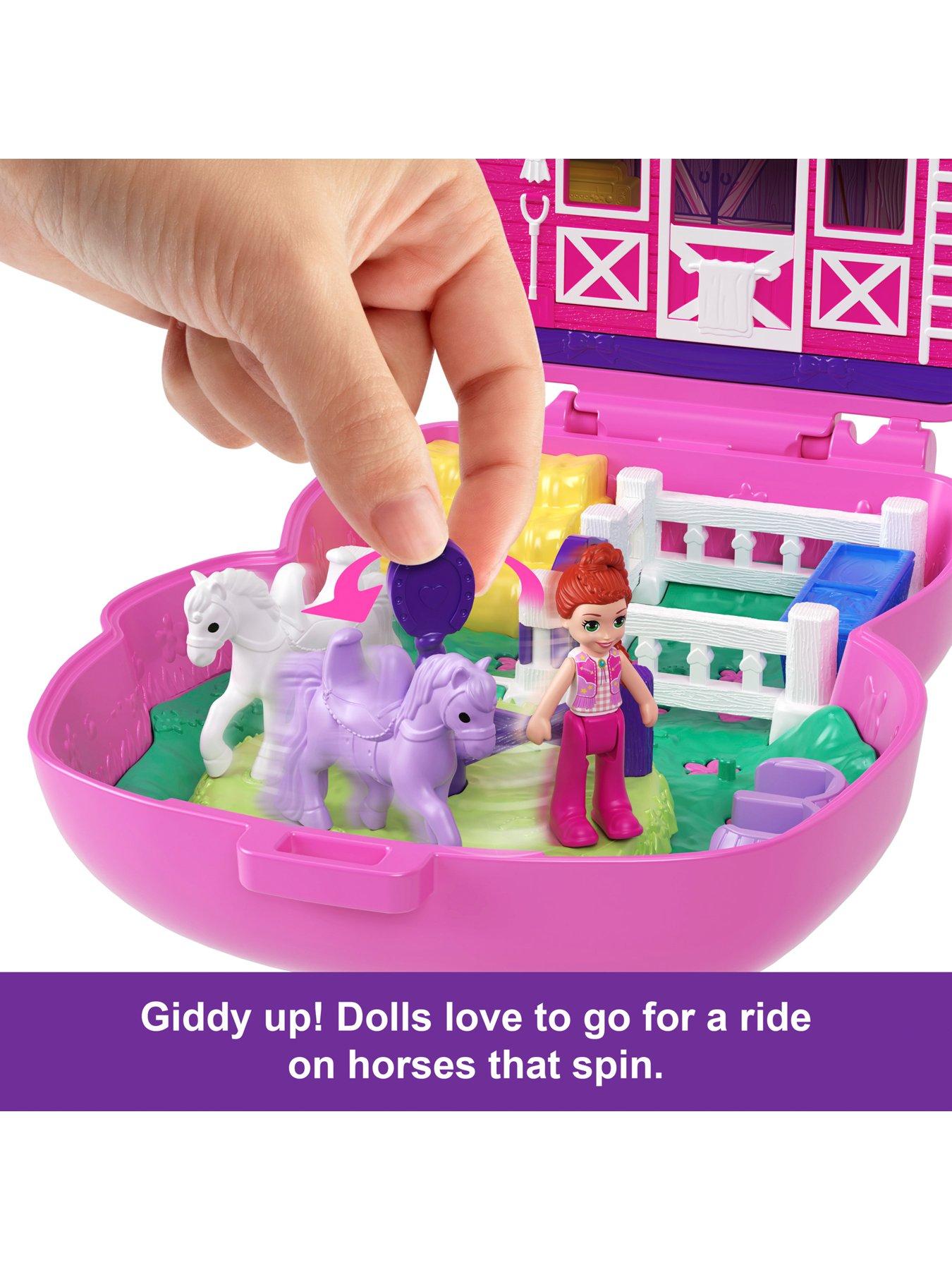  image of polly-pocket-pony-rodeo-compact-playset-with-1-micro-doll-and-pet-horses-travel-toy-with-food-amp-styling-accessories