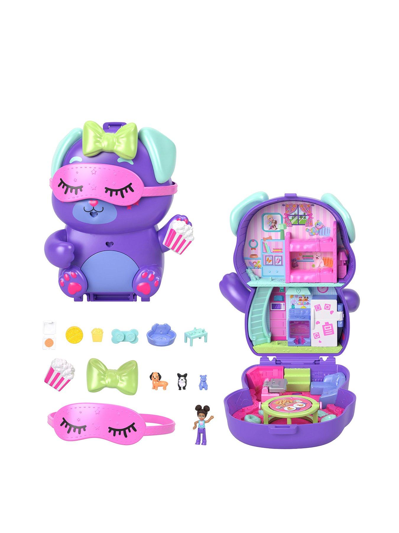  image of polly-pocket-sleepover-puppy-compact-playset-with-1-micro-doll-and-pet-dogs-travel-toy-with-food-amp-styling-accessories