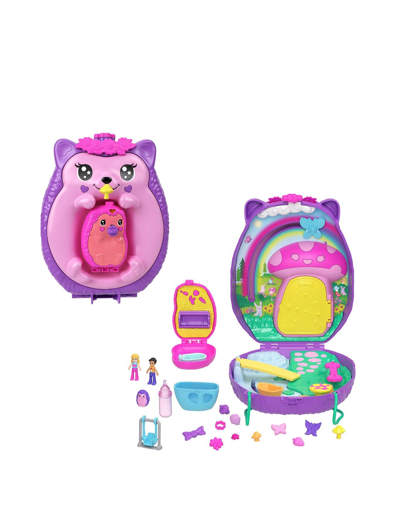 Polly Pocket Hedgehog Mom  &  Baby Purse Playset with 2 Dolls  &  16 Accessories Including Pets