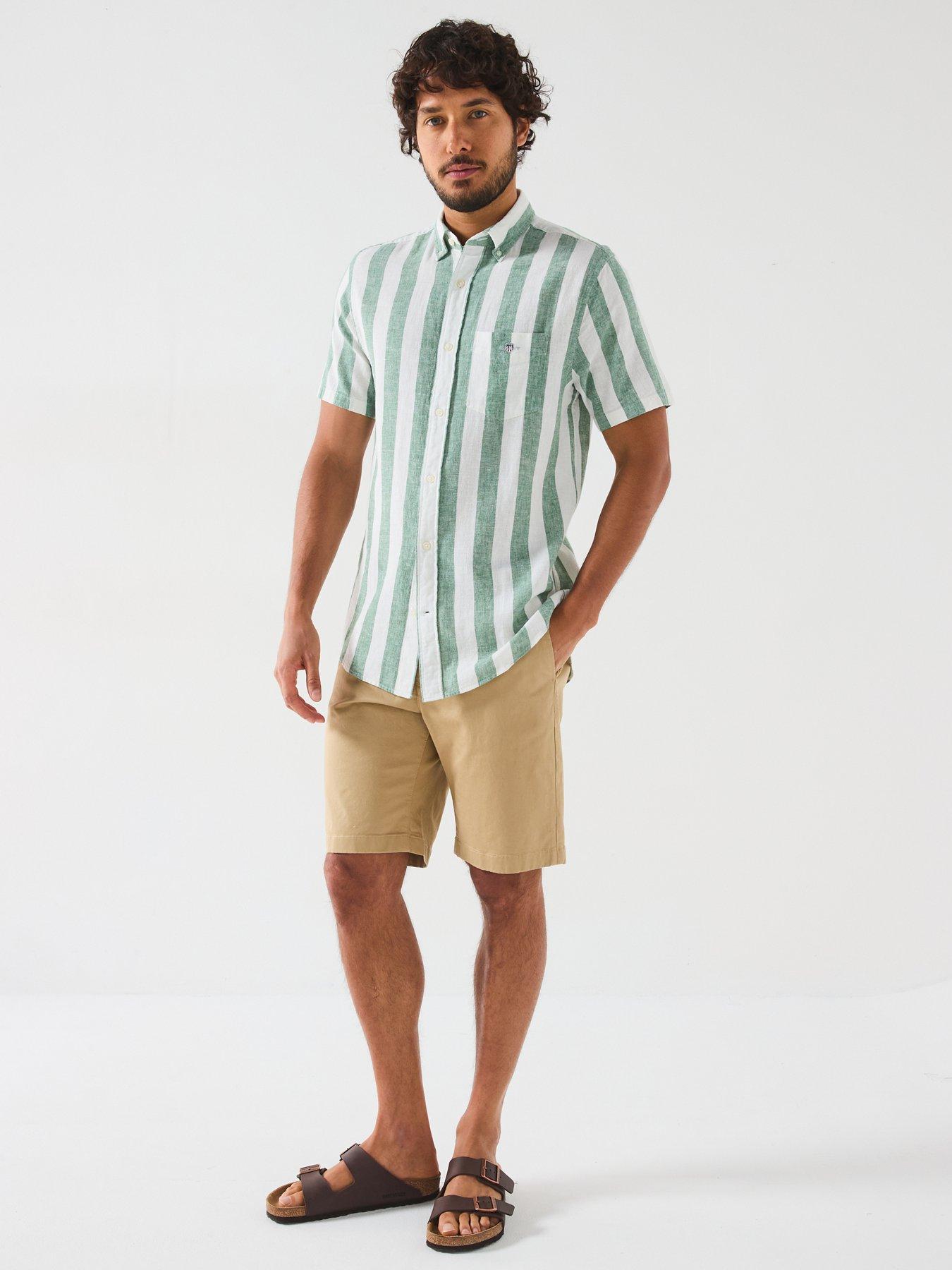  image of gant-regular-cotton-linen-stripe-short-sleeve-shirt-green
