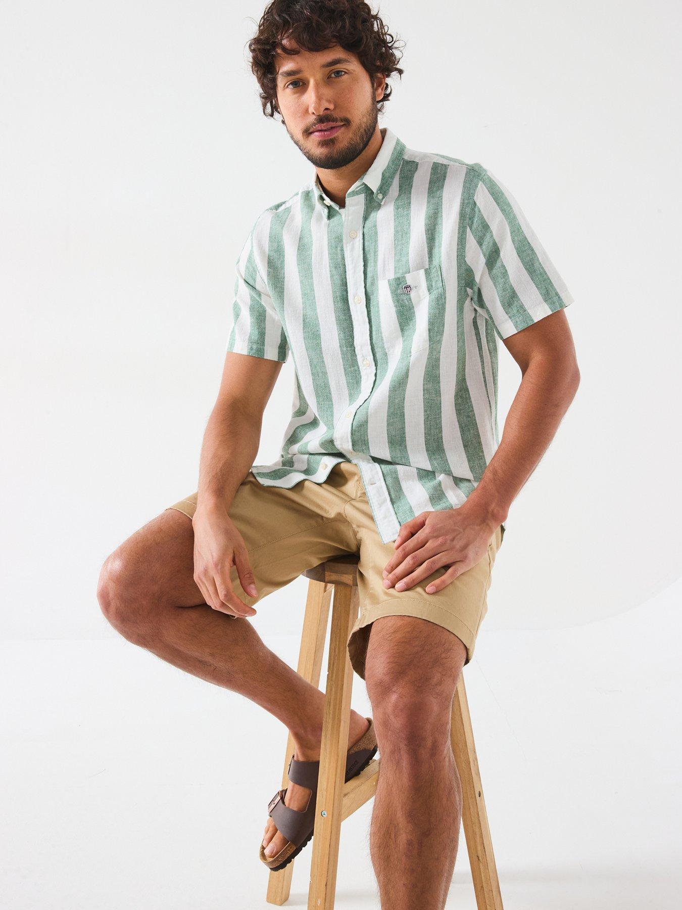  image of gant-regular-cotton-linen-stripe-short-sleeve-shirt-green