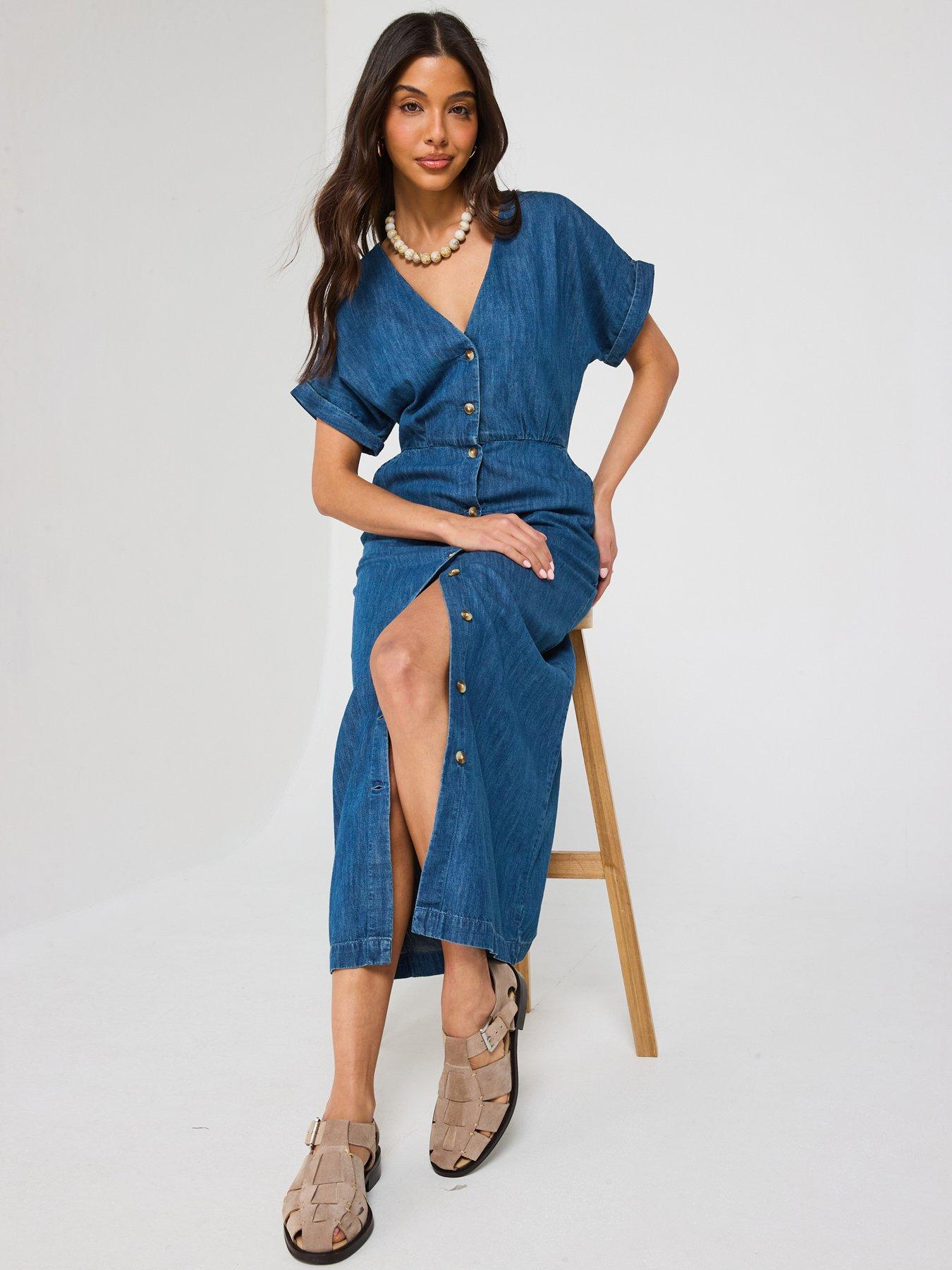 denim midi dress short sleeve Buy Love & Roses Light Blue Denim Square Neck Short Sleeve Belted Button  Through Mid Dress from Next USA