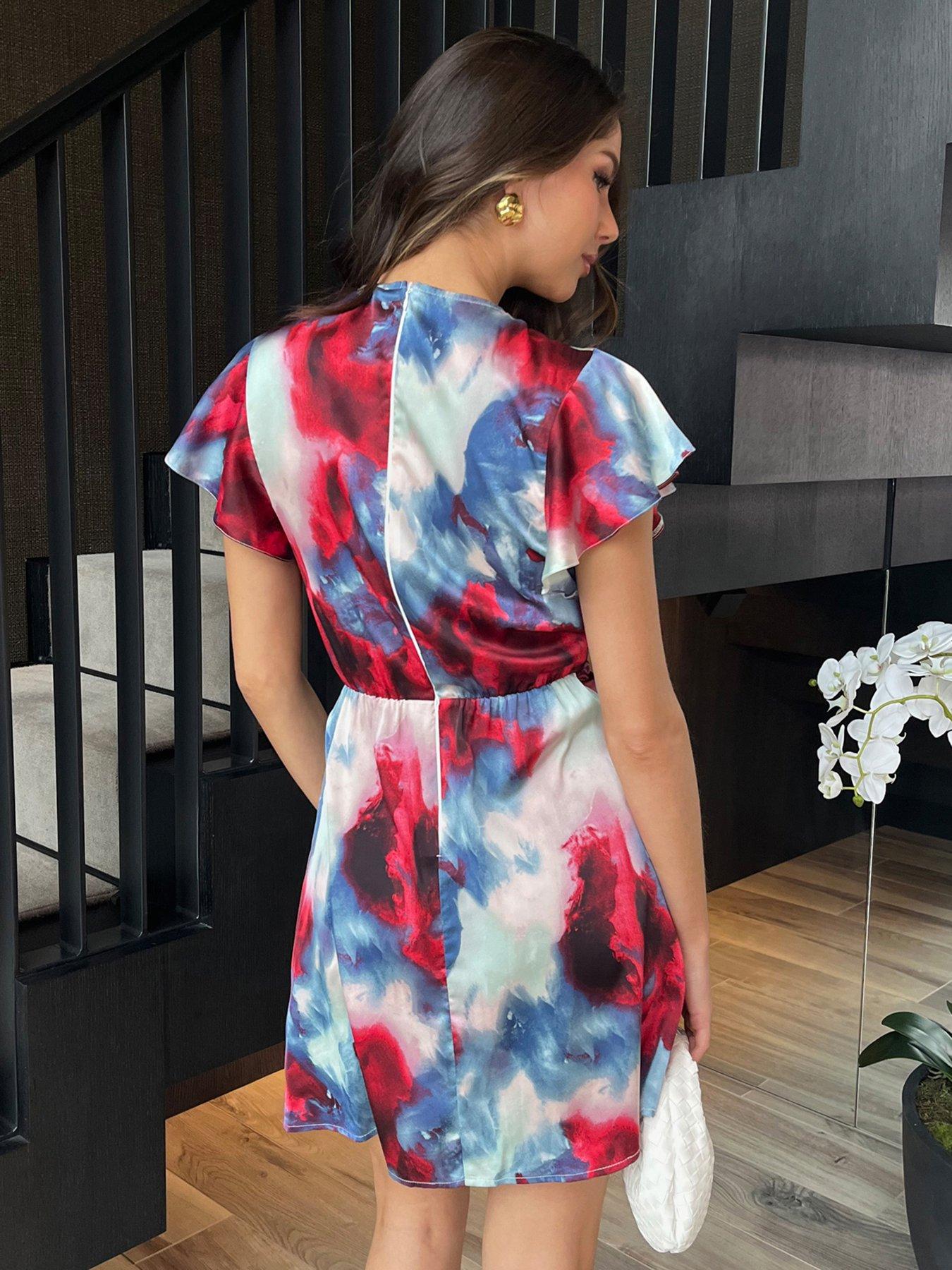 Image 2 of 4 of AX Paris Smudge Print Flutter Sleeve Gathered Side Mini Dress - Multi