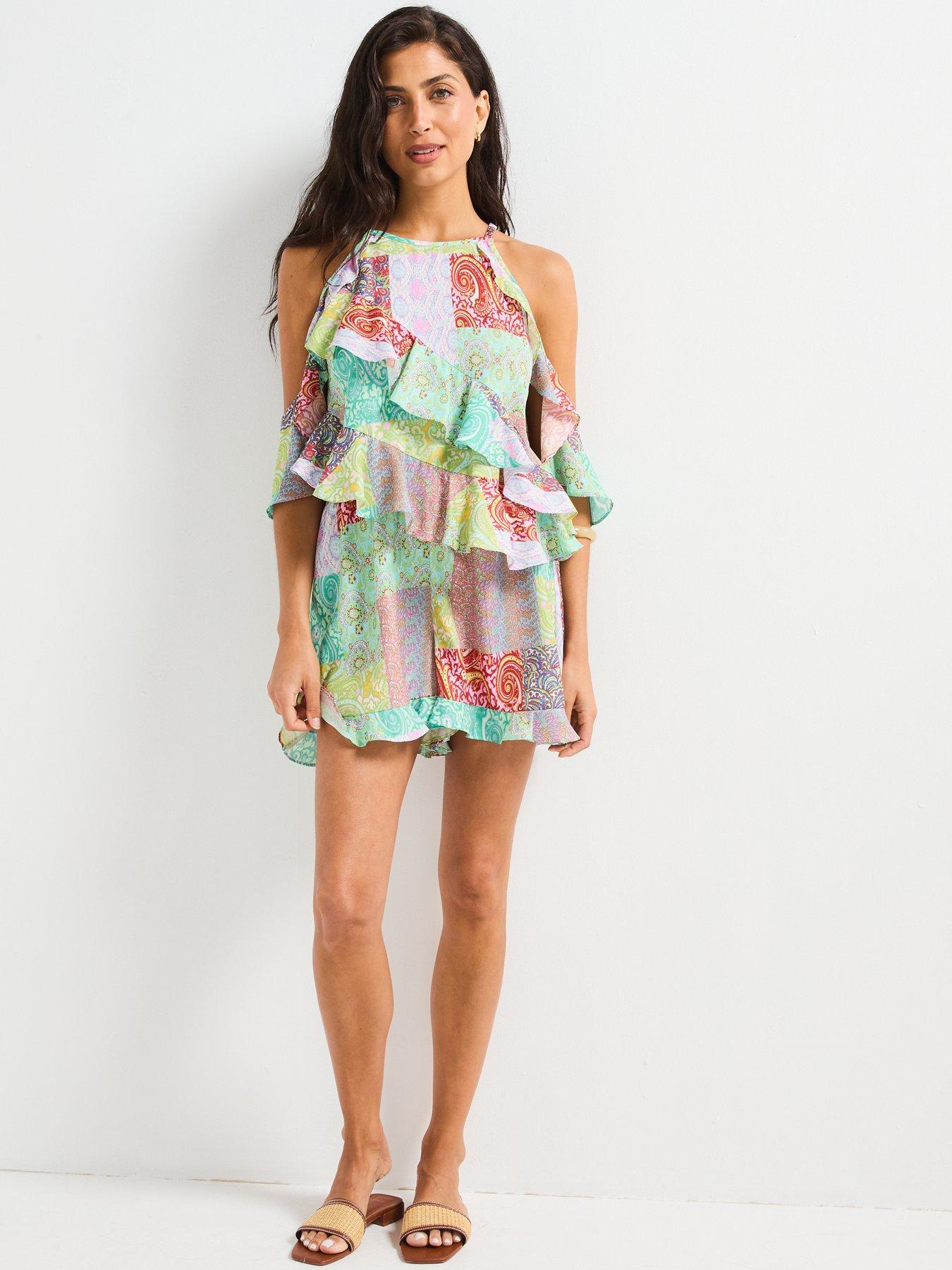  image of v-by-very-cold-shoulder-ruffle-playsuit-multi
