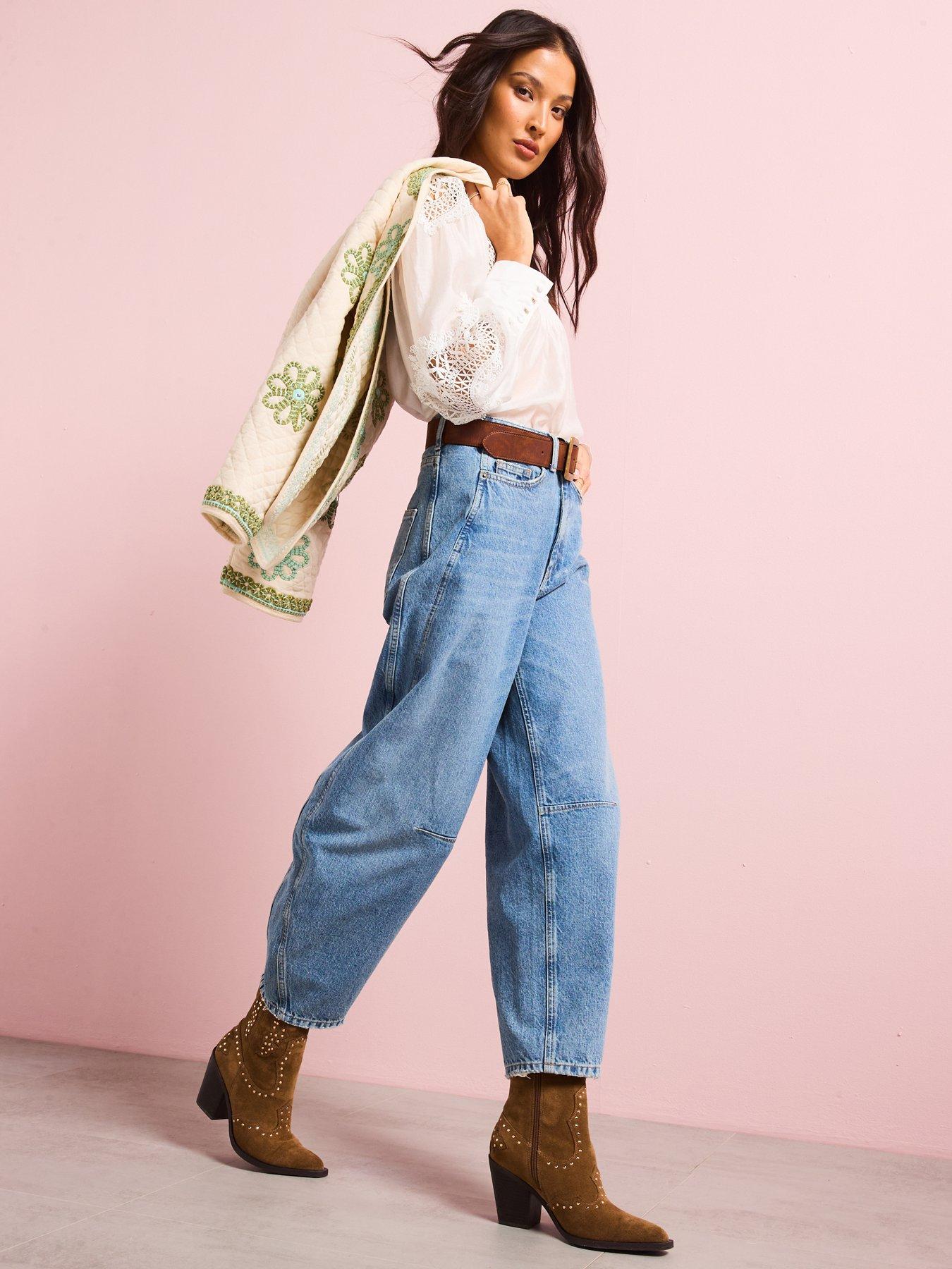  image of v-by-very-high-waist-barrel-leg-jeans-mid-wash