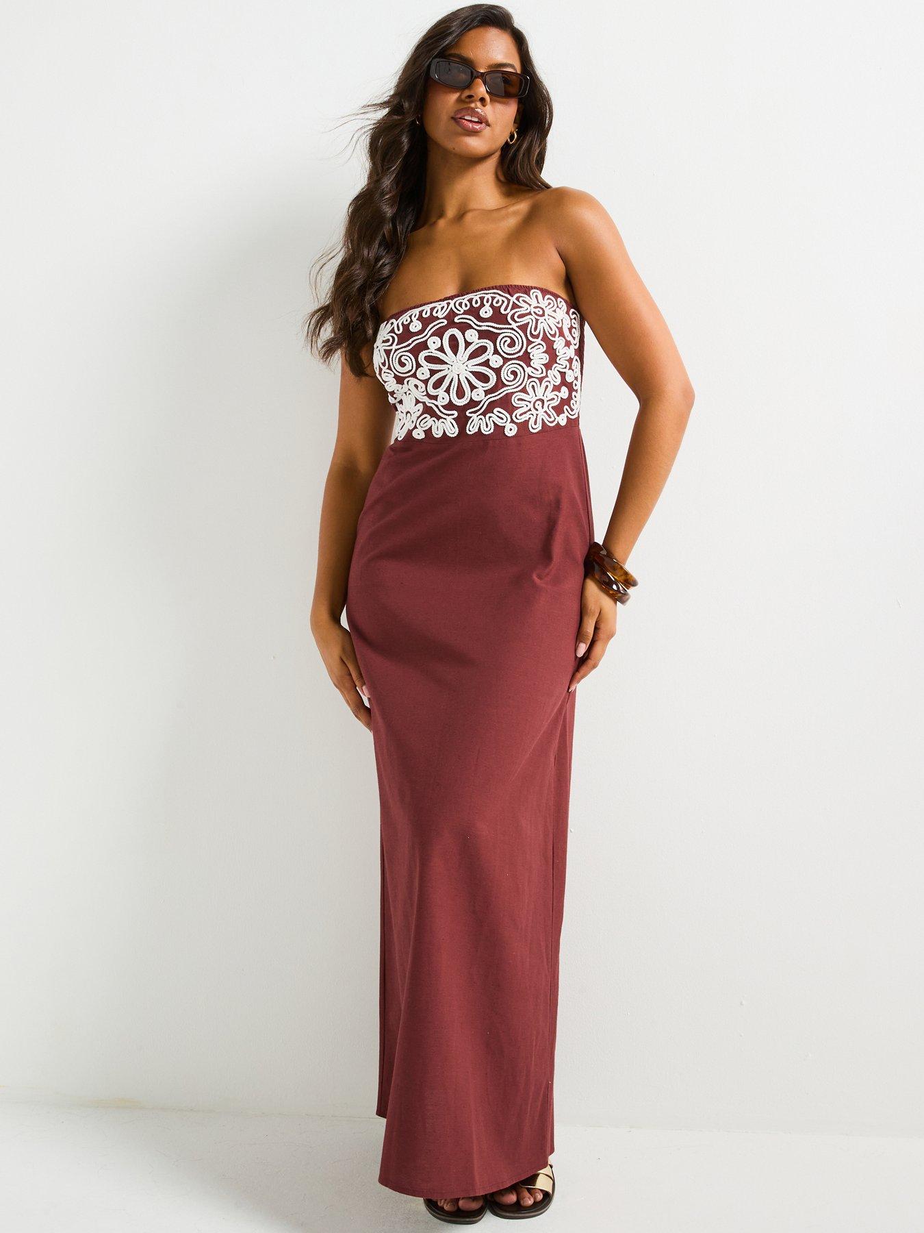 v-by-very-embroidered-bandeau-beach-dress-brown