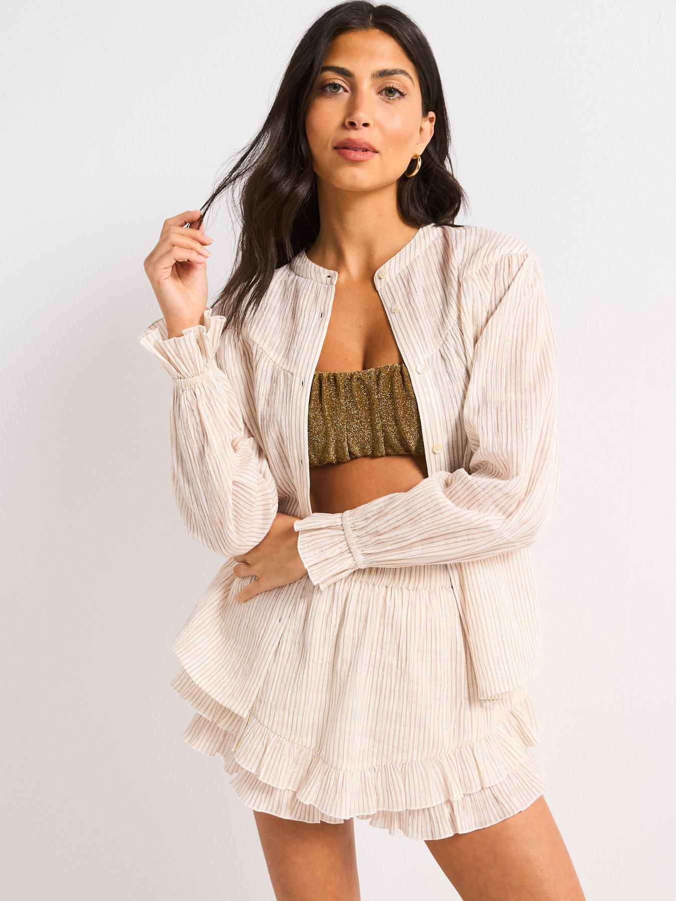 V by Very Metallic Button Through Co Ord Top - Beige