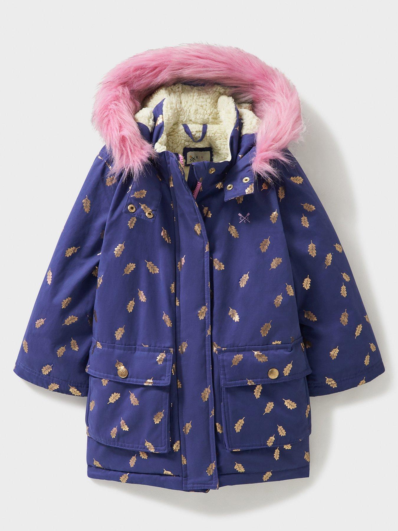 undefined Girls Foil Print Parka Coat With Faux-fur Hood - Navy