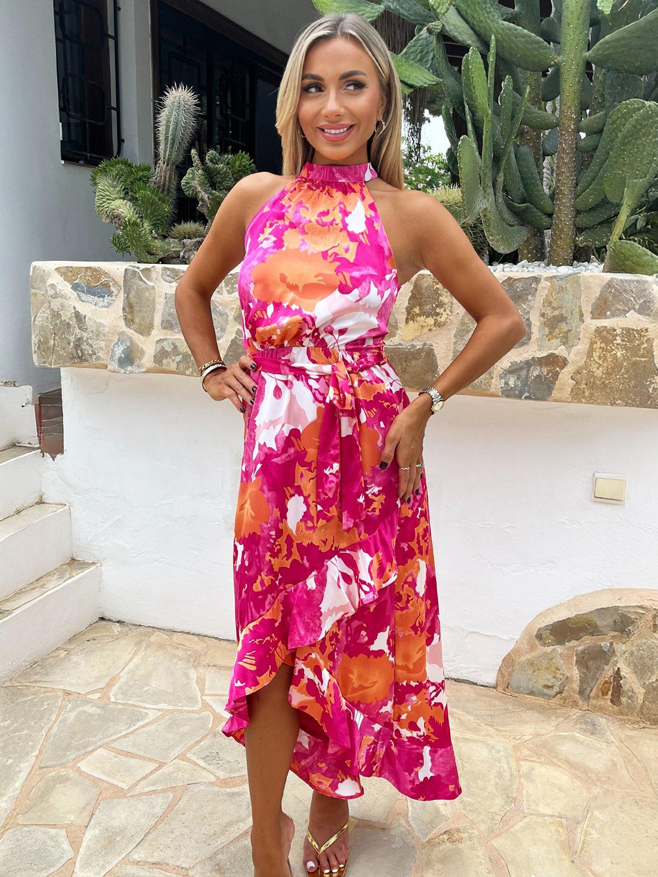 AX Paris Abstract Printed Halter Neck Dipped Hem Midi Dress - Pink |  Littlewoods