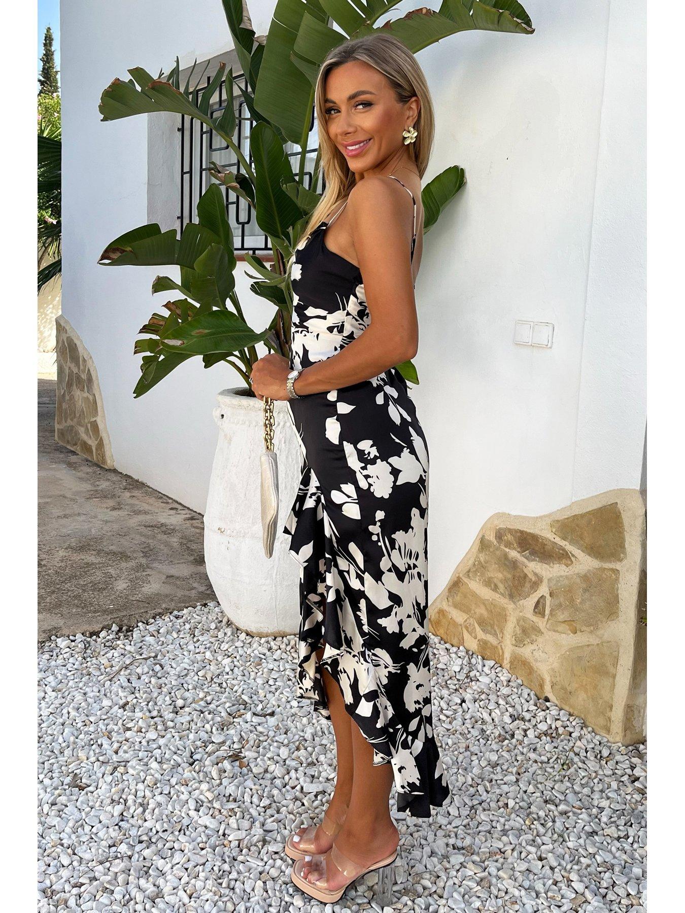  image of ax-paris-floral-print-strappy-high-low-frill-hem-midi-dress-blackwhite