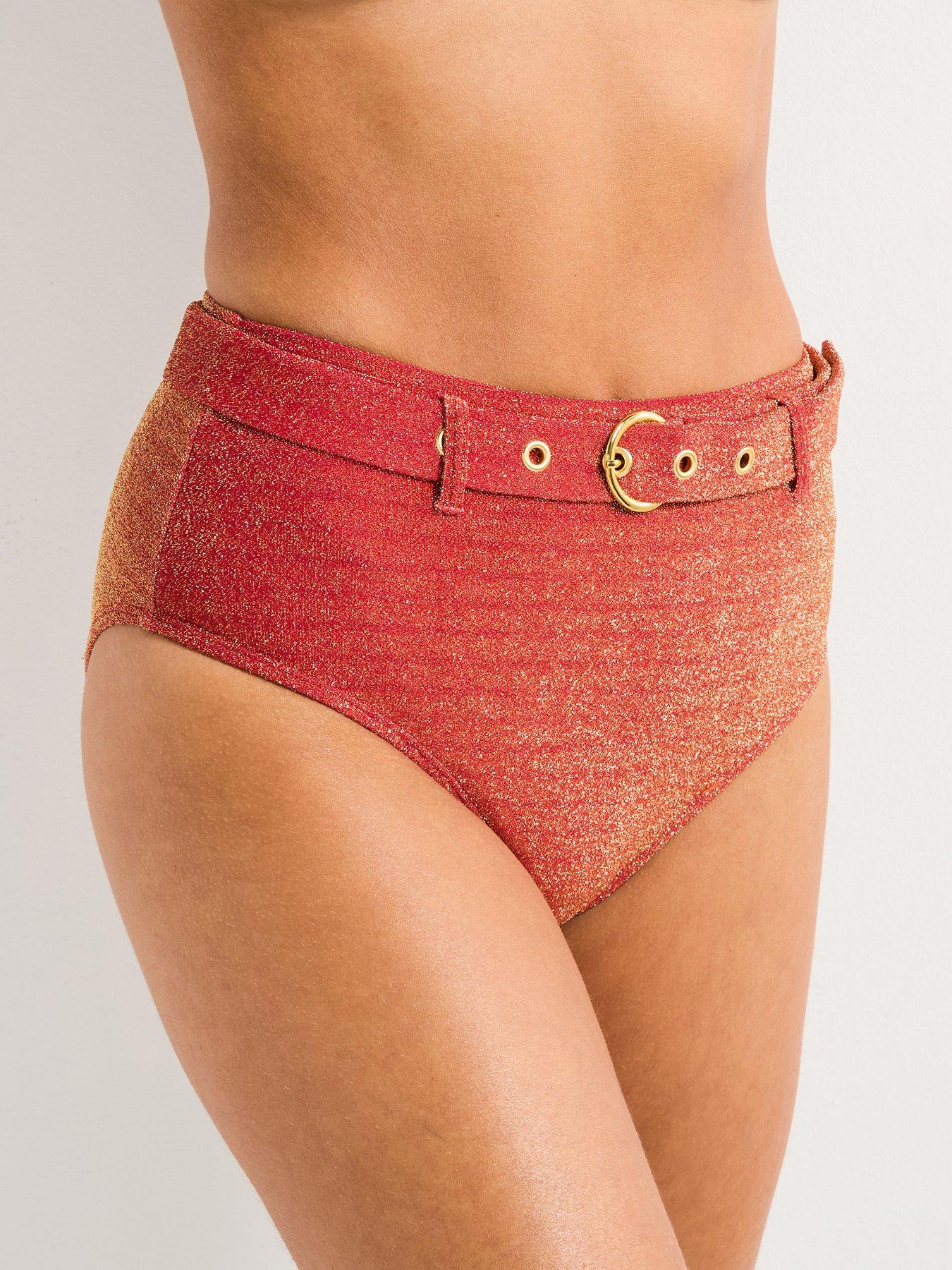 undefined Shape Enhancing Ombre Metallic High Waisted Belted Brief - Red