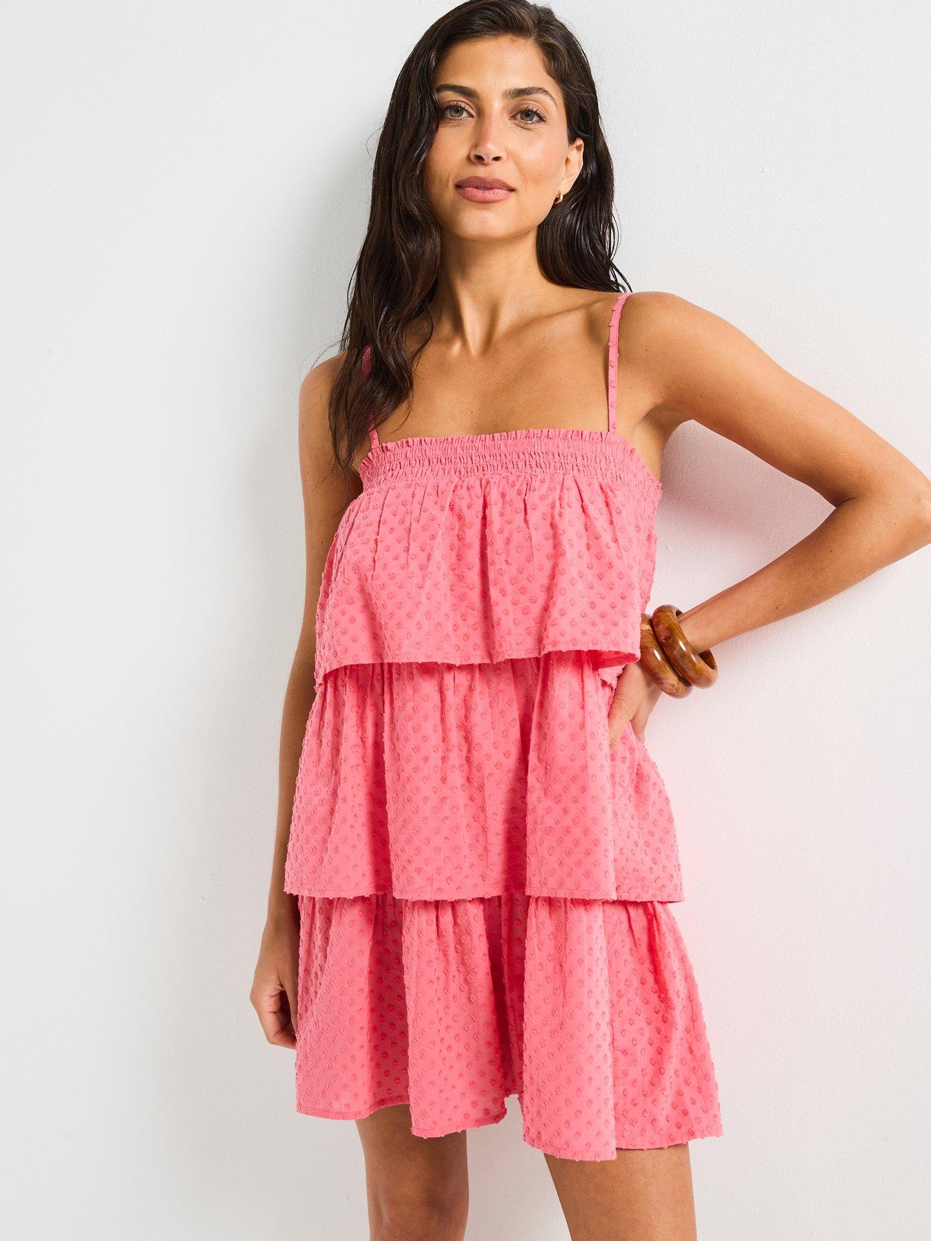 undefined Tiered Dobby Mini Dress - Pink