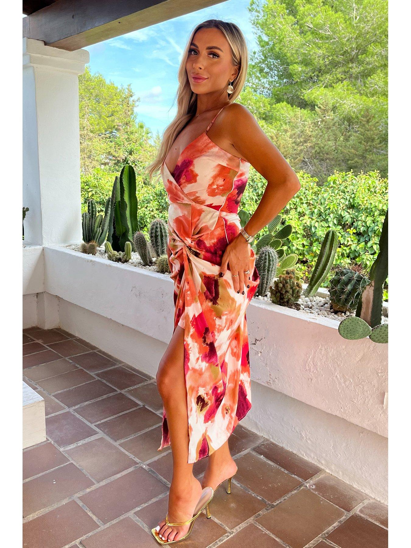  image of ax-paris-smudge-print-strappy-wrap-top-knot-skirt-midi-dress-peach