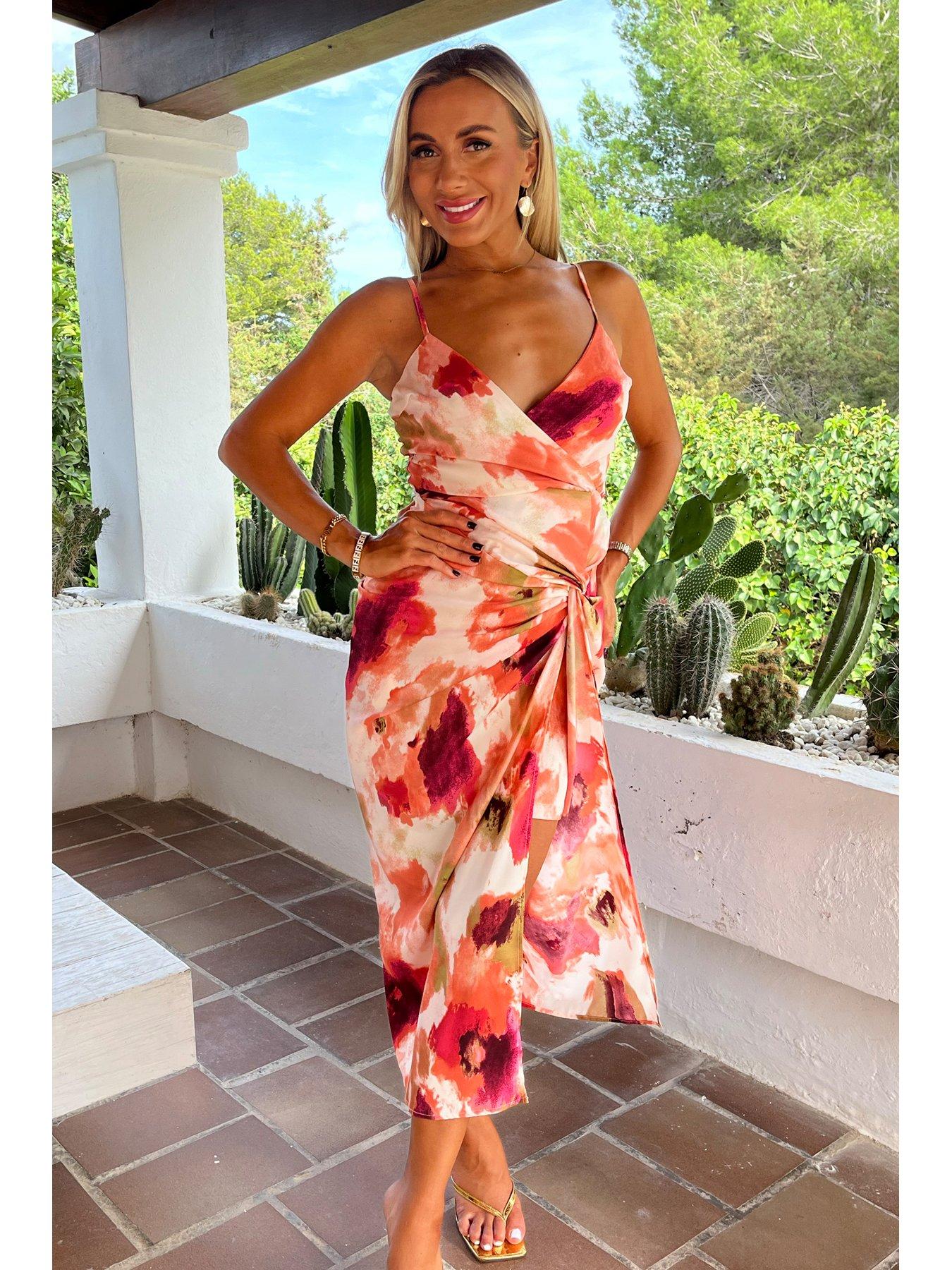  image of ax-paris-smudge-print-strappy-wrap-top-knot-skirt-midi-dress-peach