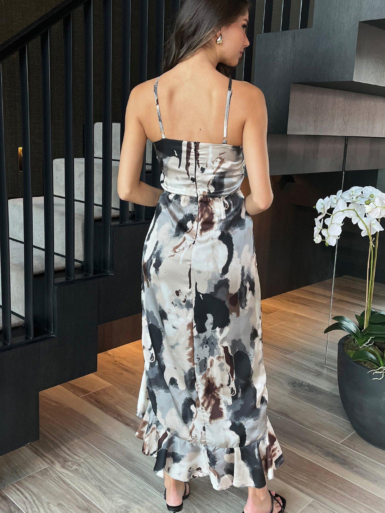  image of ax-paris-marble-print-strappy-high-low-frill-hem-midi-dress-multi