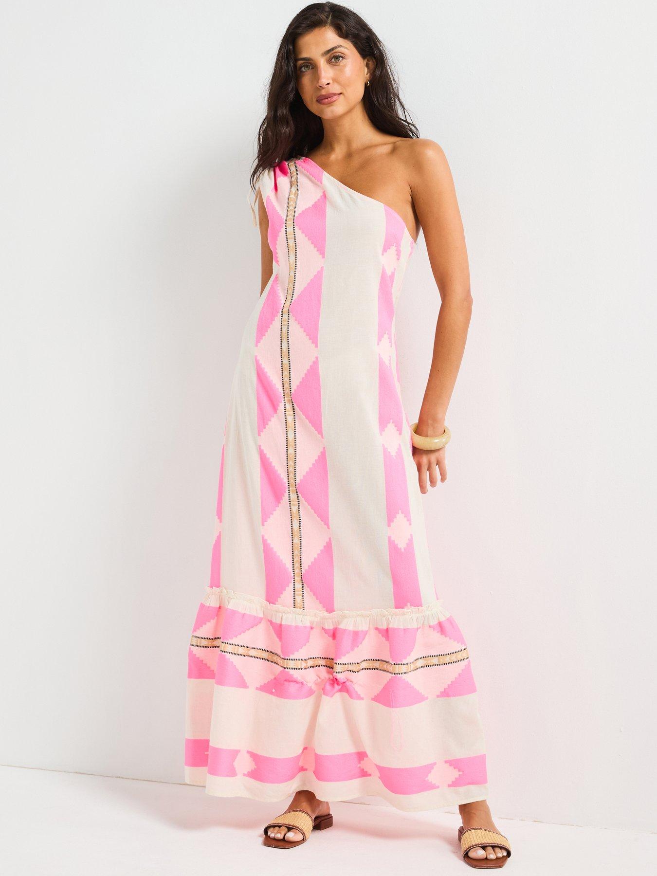 undefined One Shoulder Aztec Detal Midi Dress - Pink