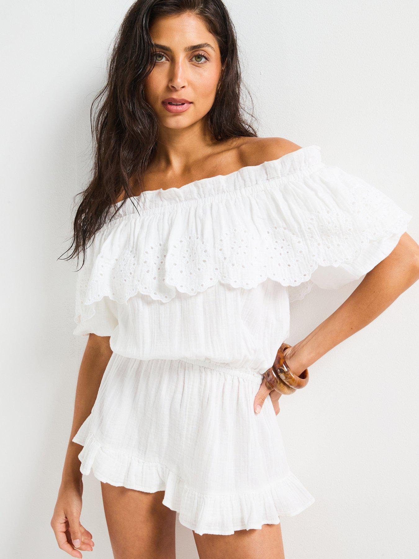 V by Very Beach Bardot Broderie Frill Playsuit - White