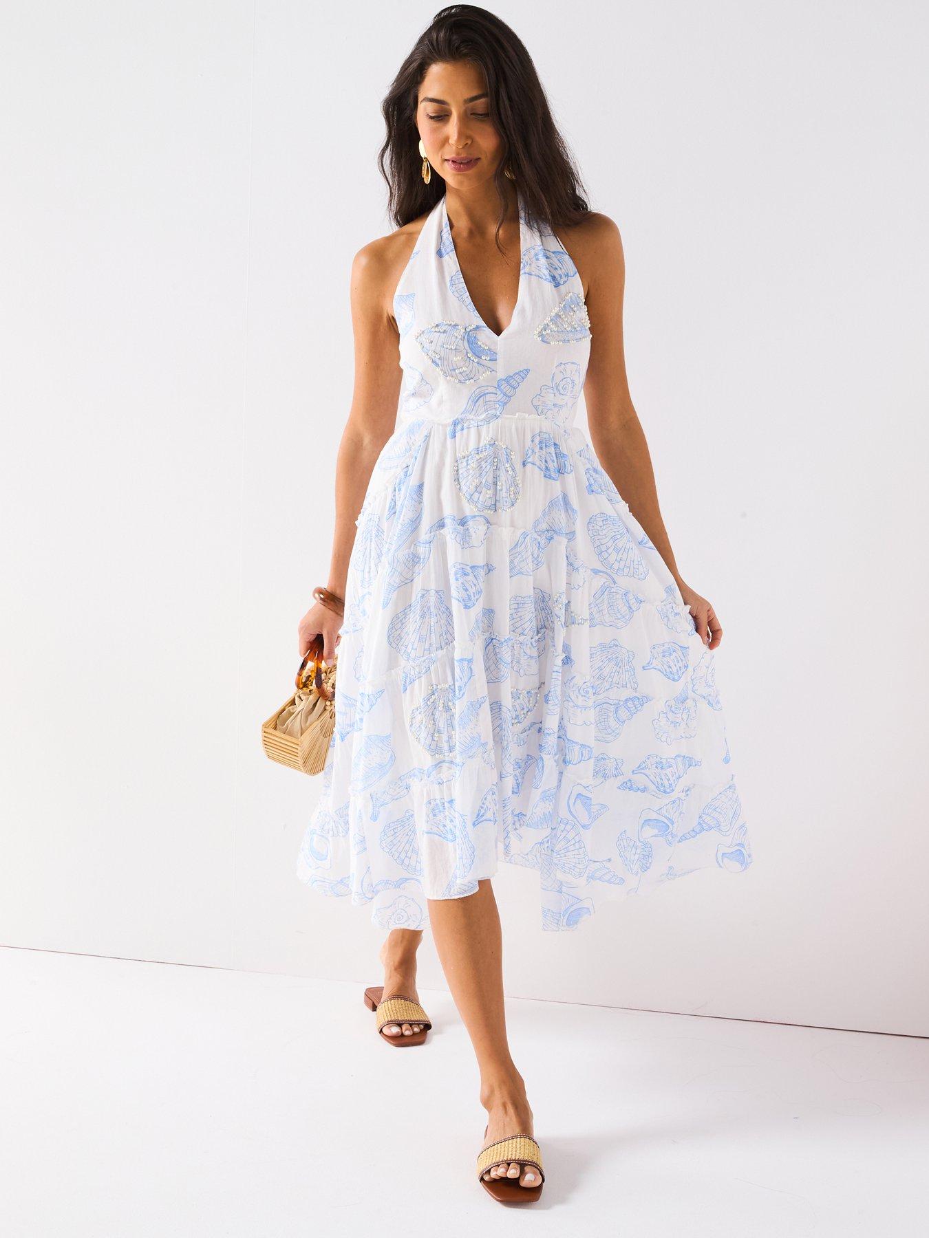 V by Very Halter Tiered Asymmetric Midi Dress - Print