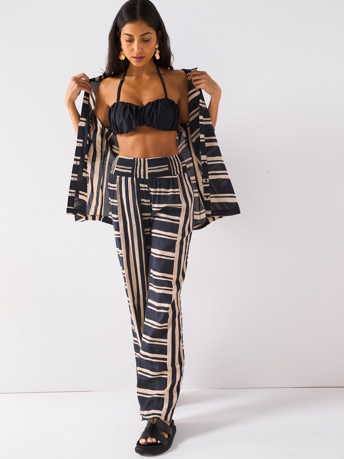 undefined Striped Wide Leg Beach Trousers - Black
