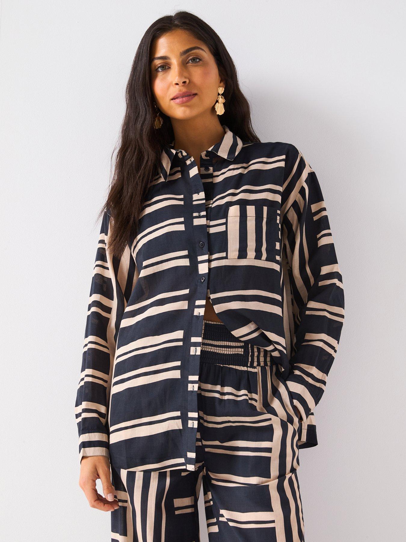  image of v-by-very-striped-oversized-beach-shirt-black