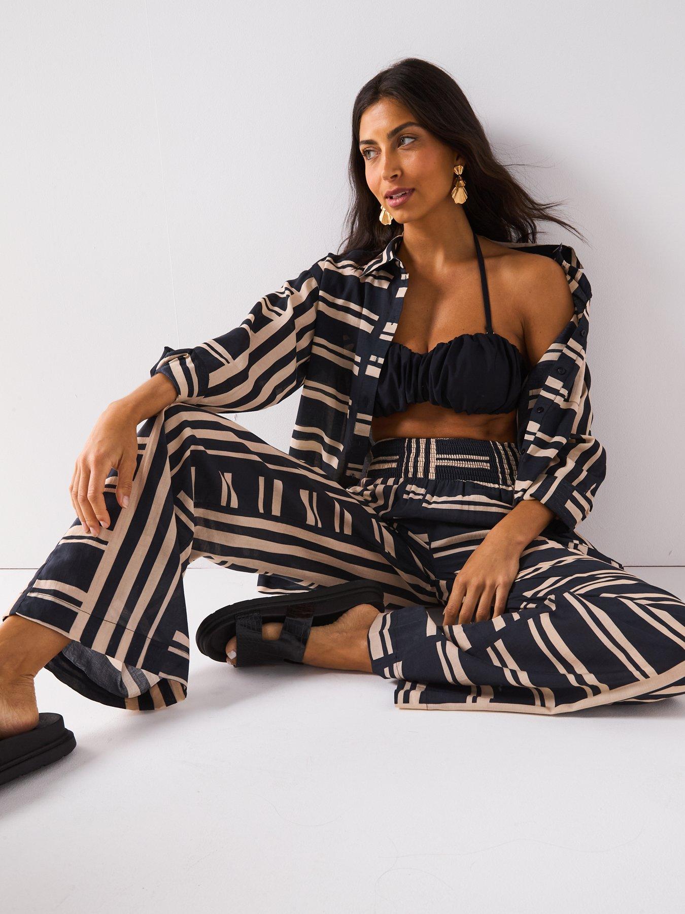  image of v-by-very-striped-oversized-beach-shirt-black