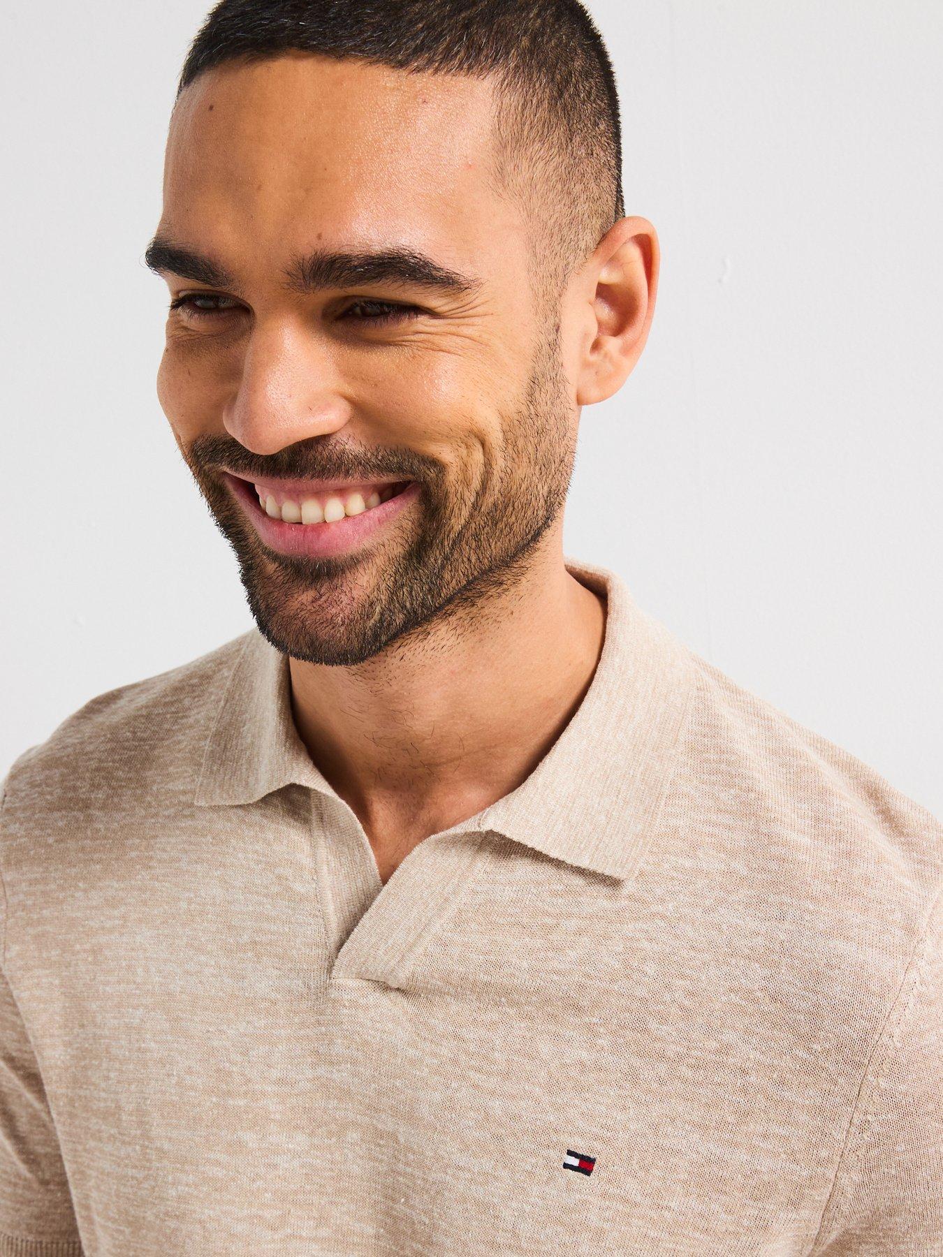  image of tommy-hilfiger-cotton-linen-open-collar-knitted-polo-shirt-natural