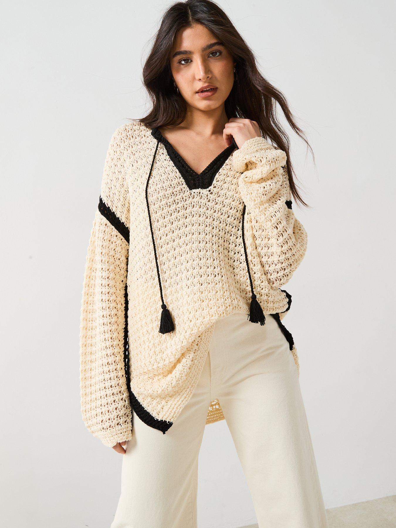  image of v-by-very-cotton-rich-tassel-open-knit-jumper-cream