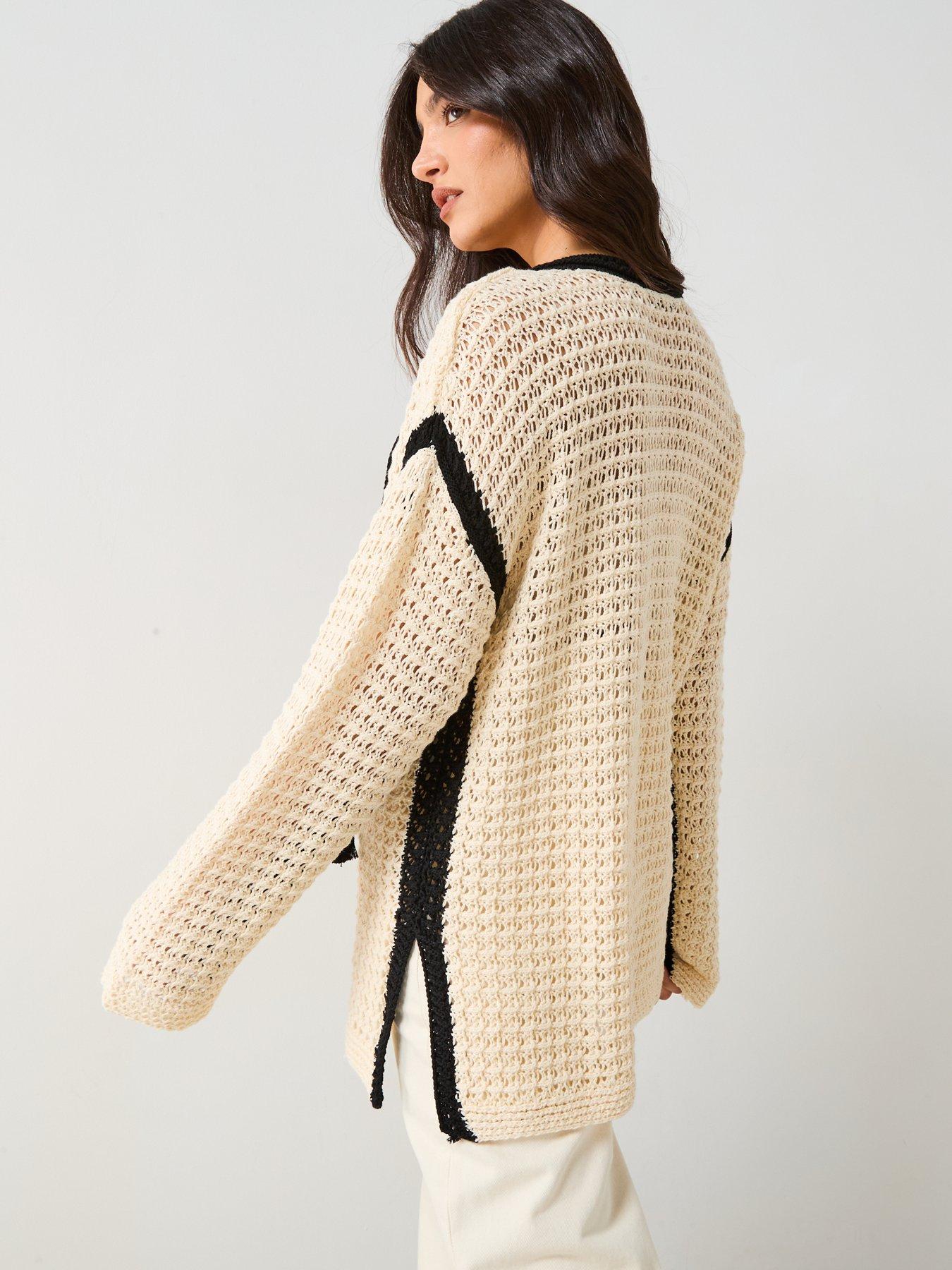  image of v-by-very-cotton-rich-tassel-open-knit-jumper-cream