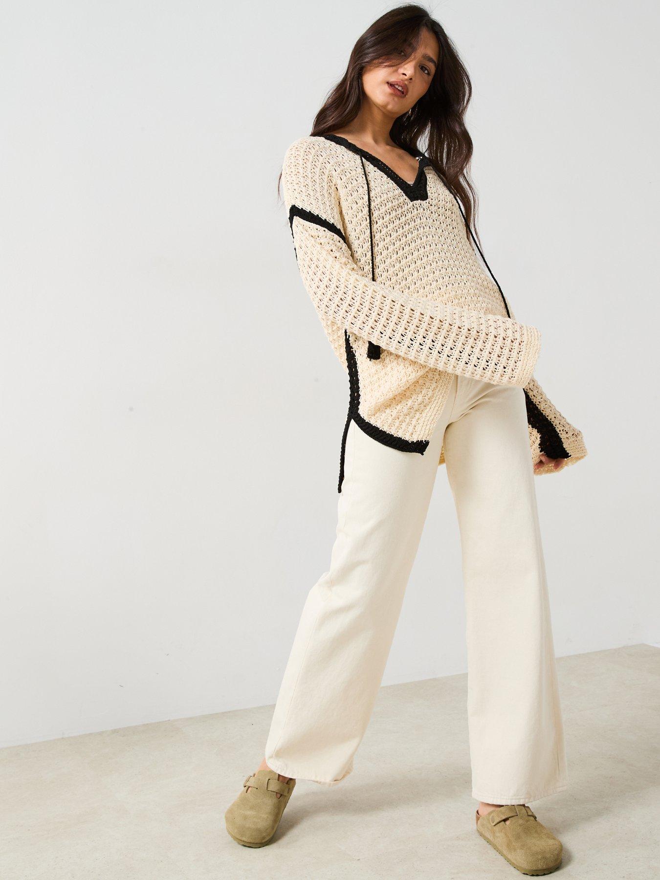  image of v-by-very-cotton-rich-tassel-open-knit-jumper-cream