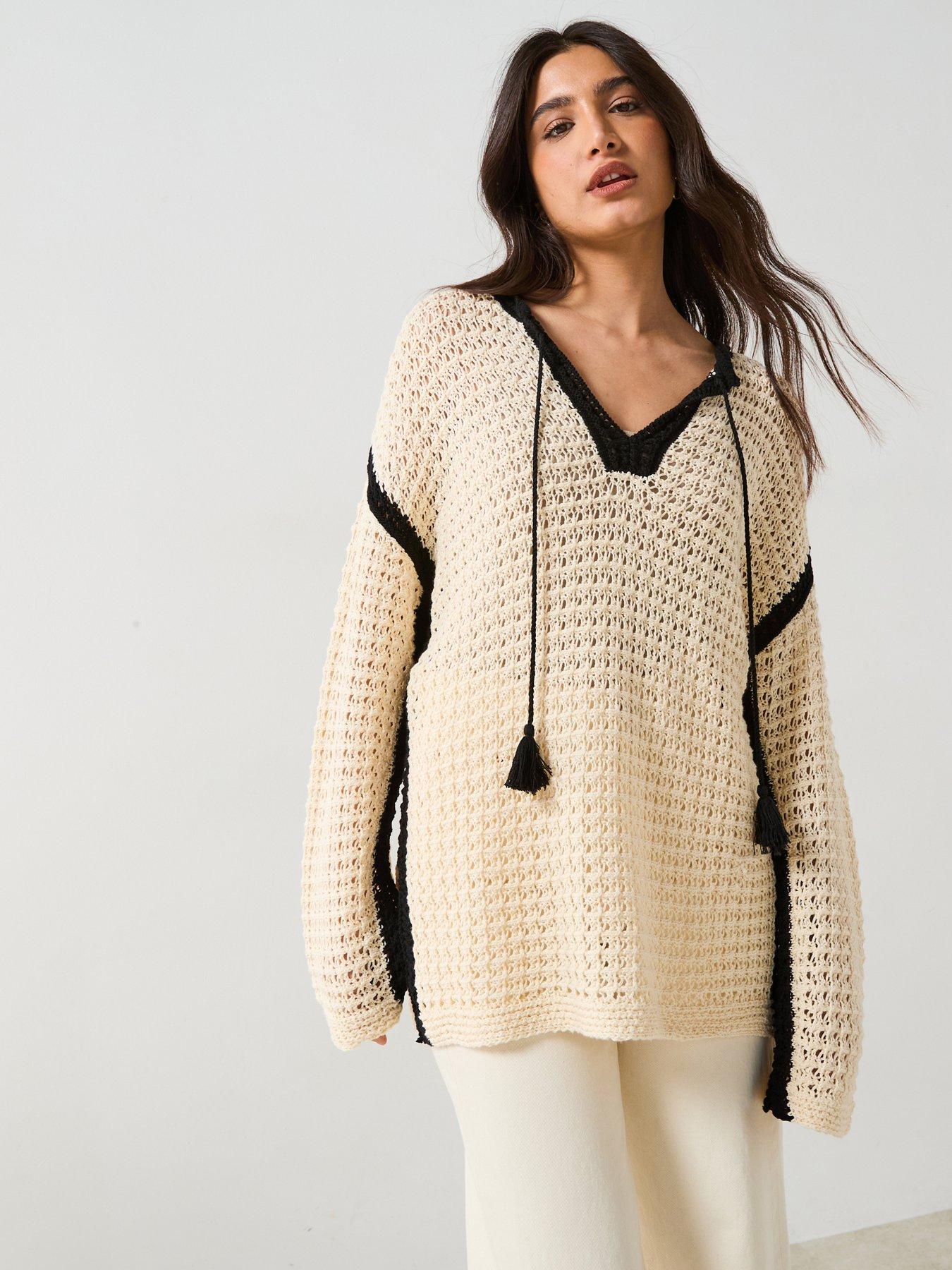  image of v-by-very-cotton-rich-tassel-open-knit-jumper-cream