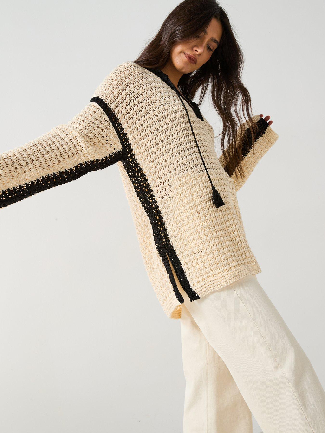 image of v-by-very-cotton-rich-tassel-open-knit-jumper-cream
