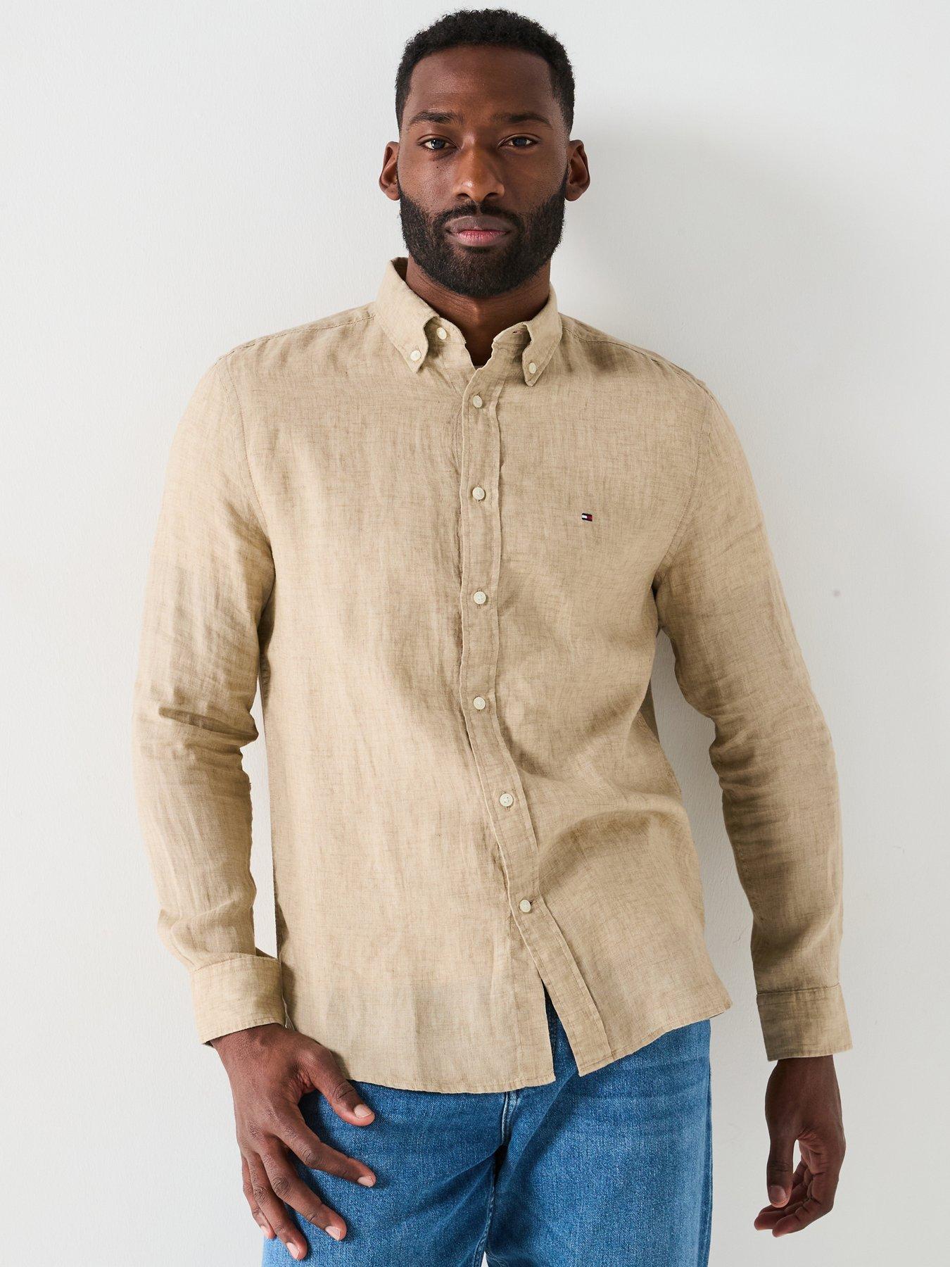 Tommy Hilfiger Regular Fit Pigment Dyed Li Solid Long Sleeve Shirt - Natural