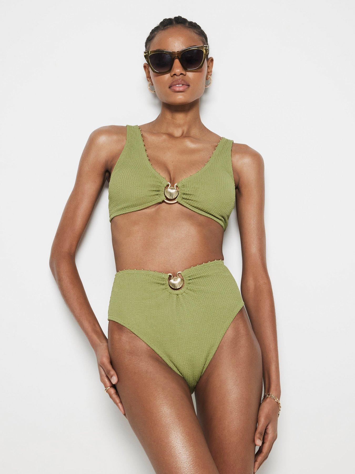 undefined Shell Trim Texture High Waist Bikini Brief - Khaki