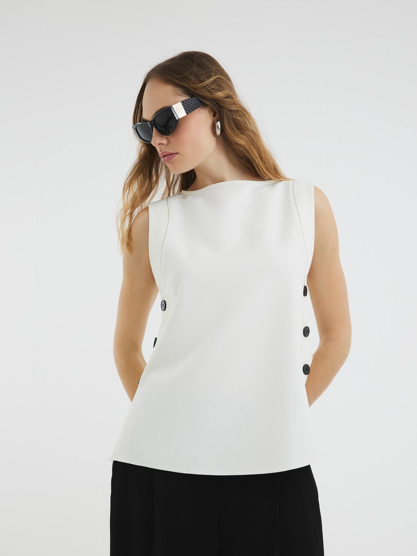 undefined Button Side Topstitch Top - Cream