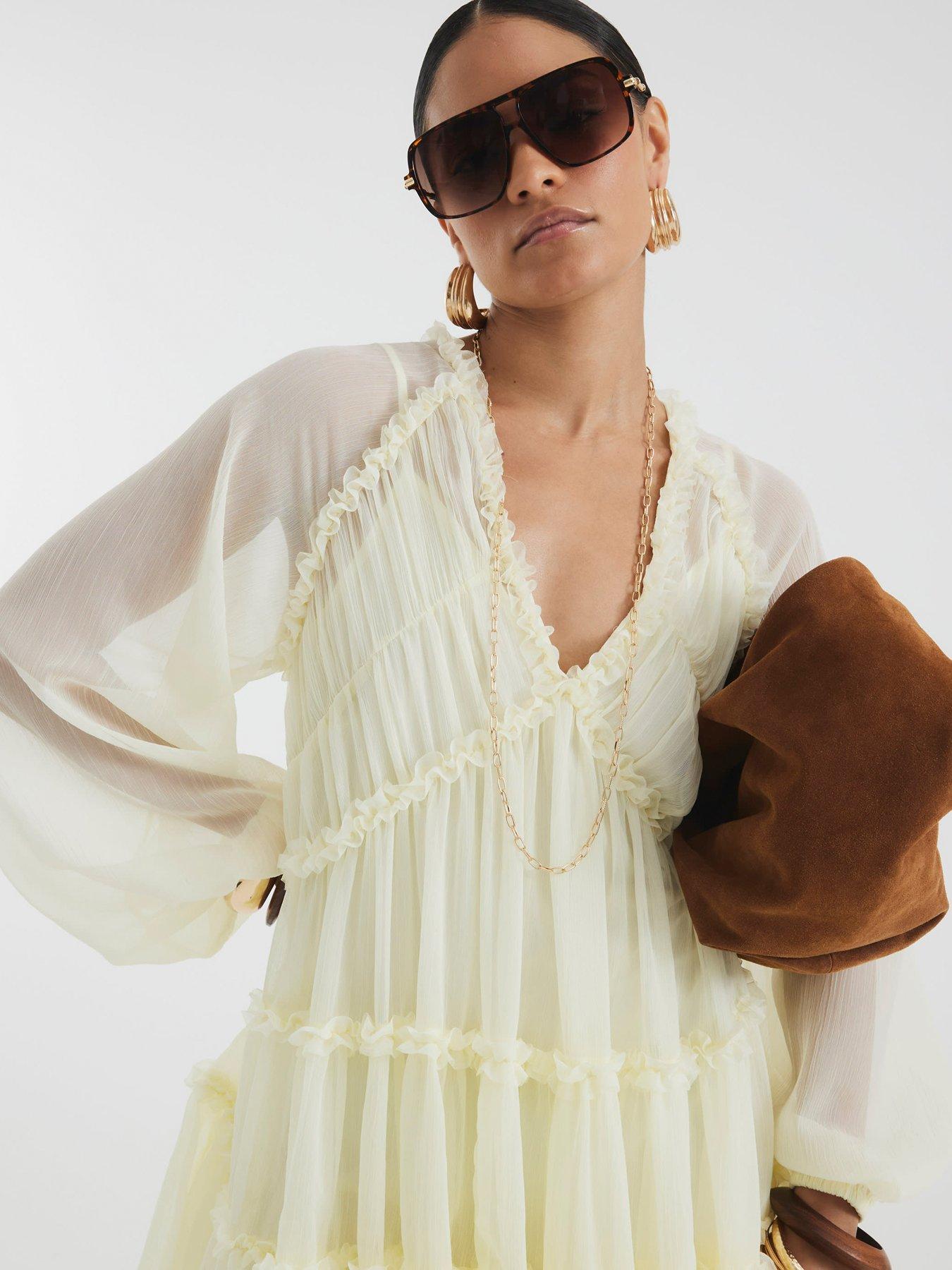 river island cream dress Cream Premium Floral Split Sleeve Midi Dress