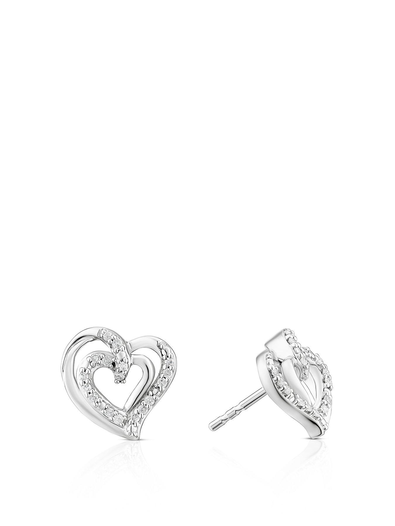 undefined Sterling Silver 0.10ct Diamond Heart Stud Earrings