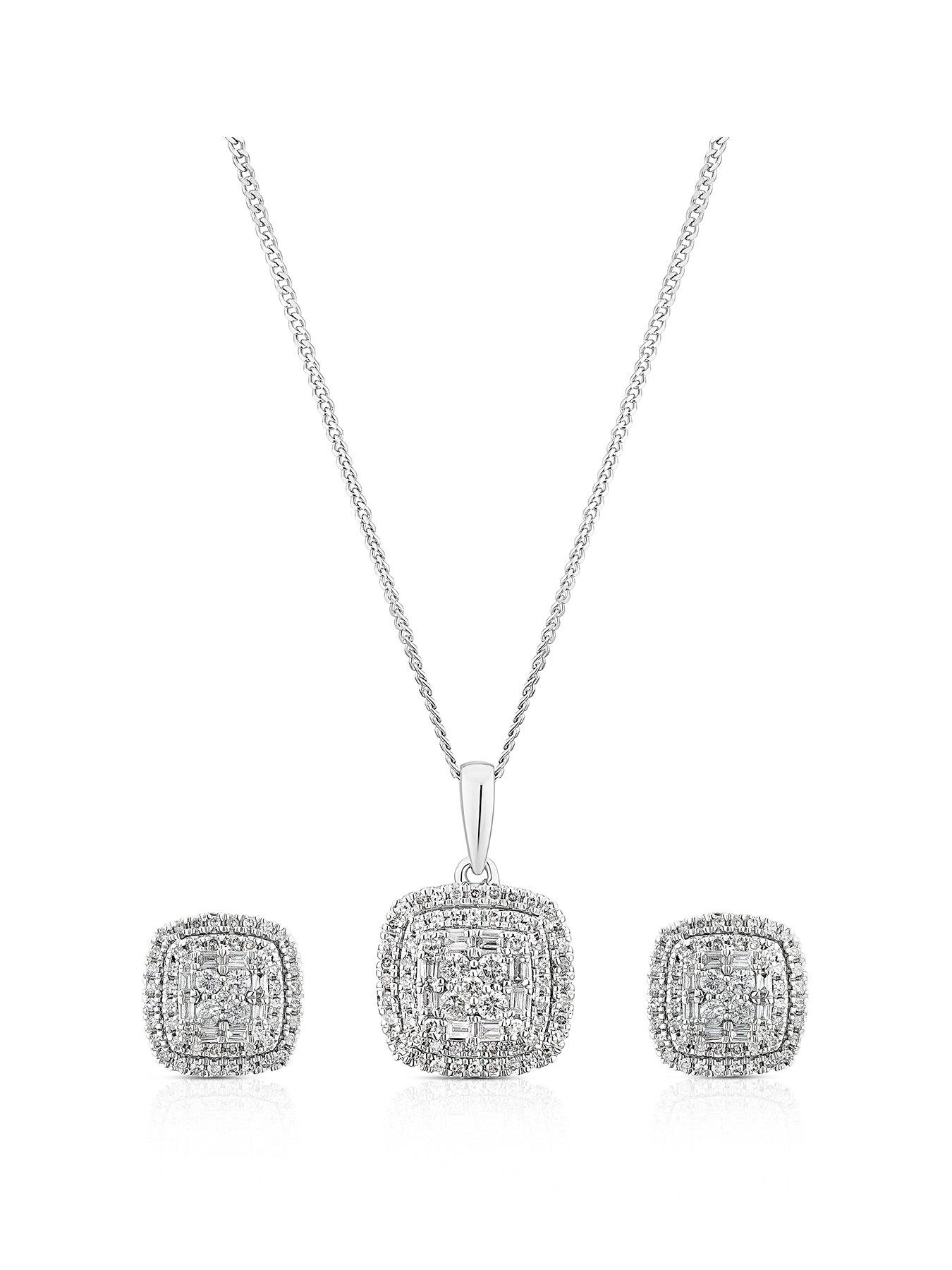 Image 1 of 3 of Ernest Jones 9ct White Gold 0.50ct Diamond Cushion Shaped Earring & Necklace Box Set