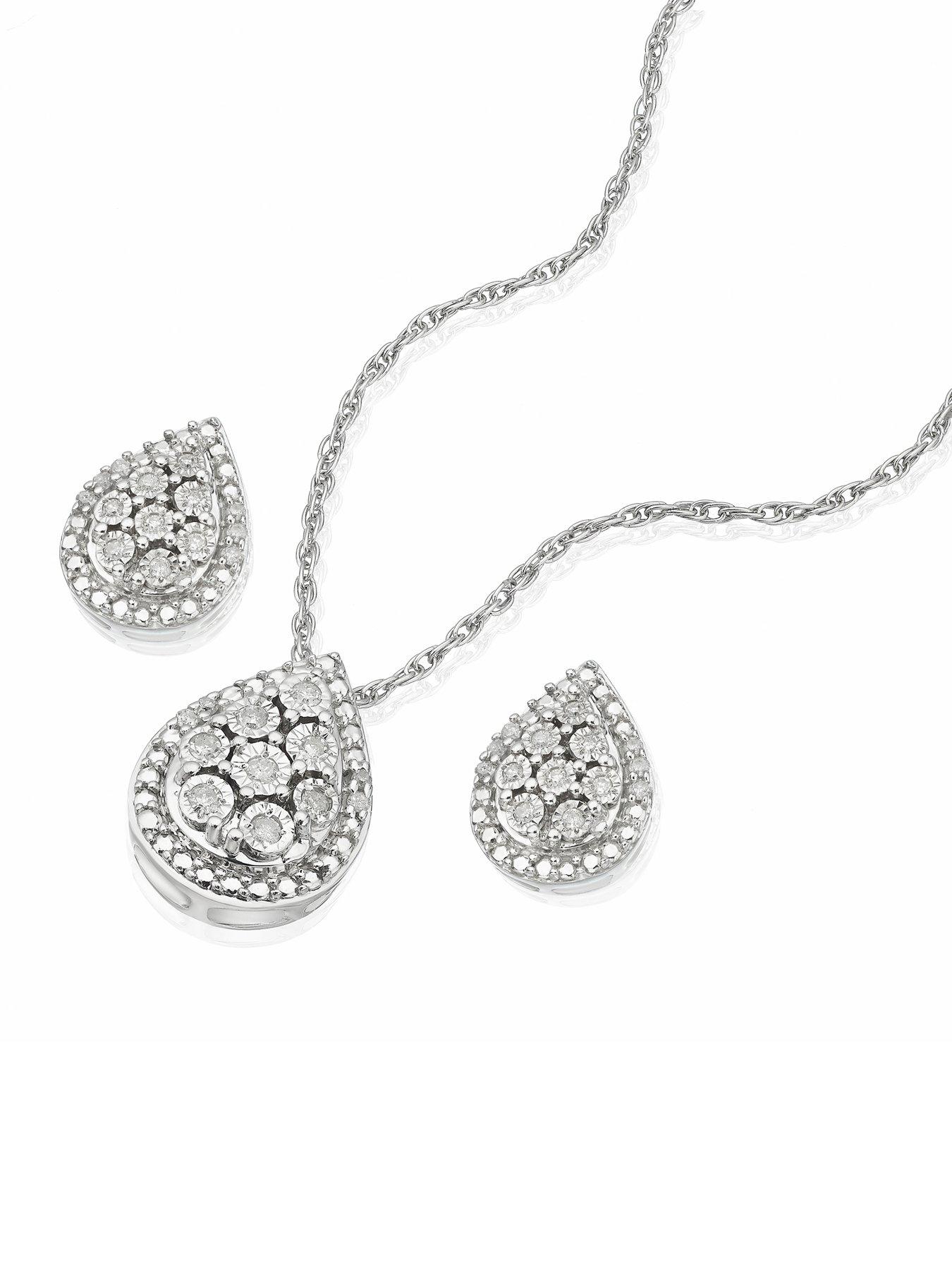  image of h-samuel-sterling-silver-015ct-diamond-pear-cluster-earring-pendant-set