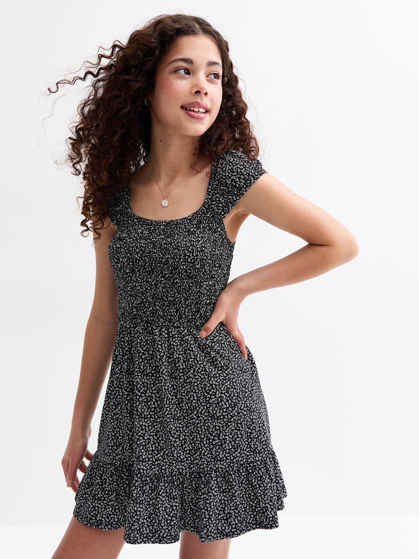 new-look-915-girls-black-floral-print-shirred-mini-dress
