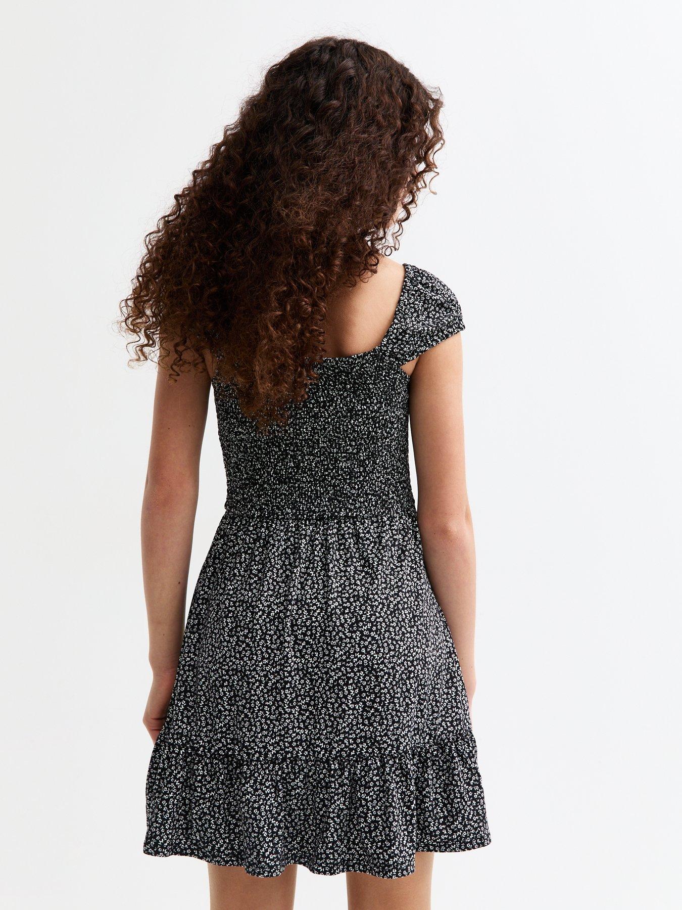  image of new-look-915-girls-black-floral-print-shirred-mini-dress