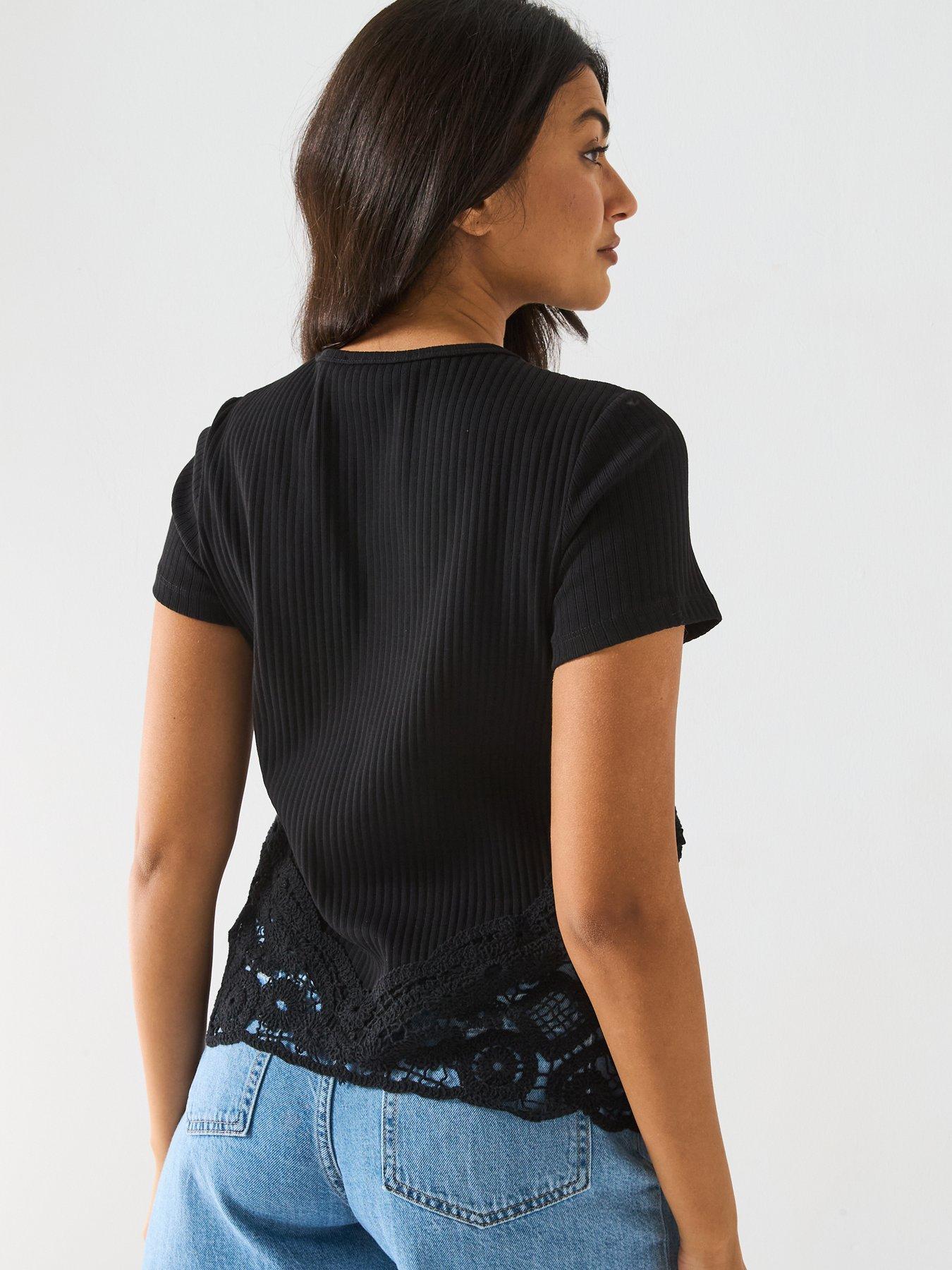 stillFront image of v-by-very-crochet-hem-rib-t-shirt