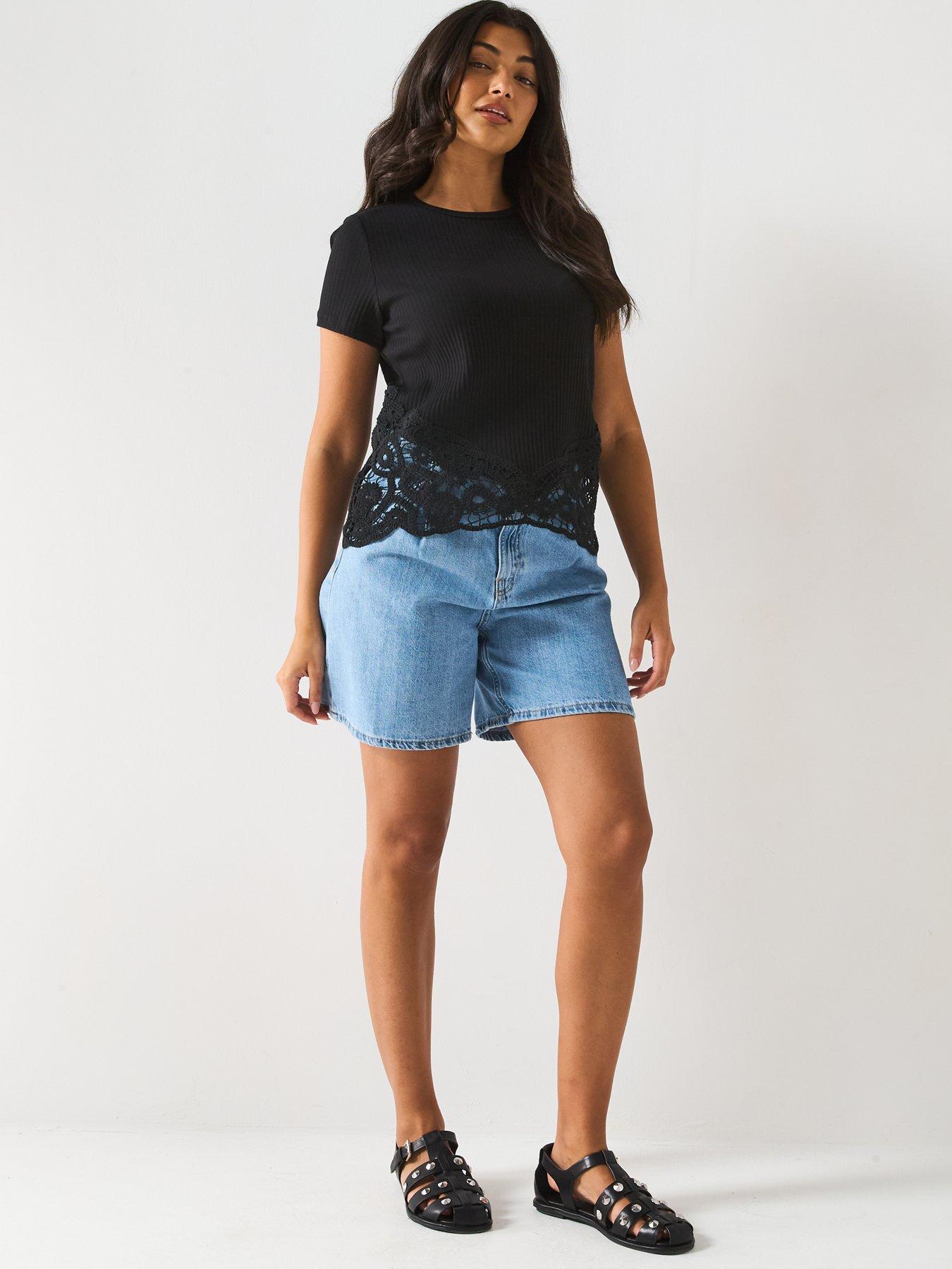  image of v-by-very-crochet-hem-rib-t-shirt