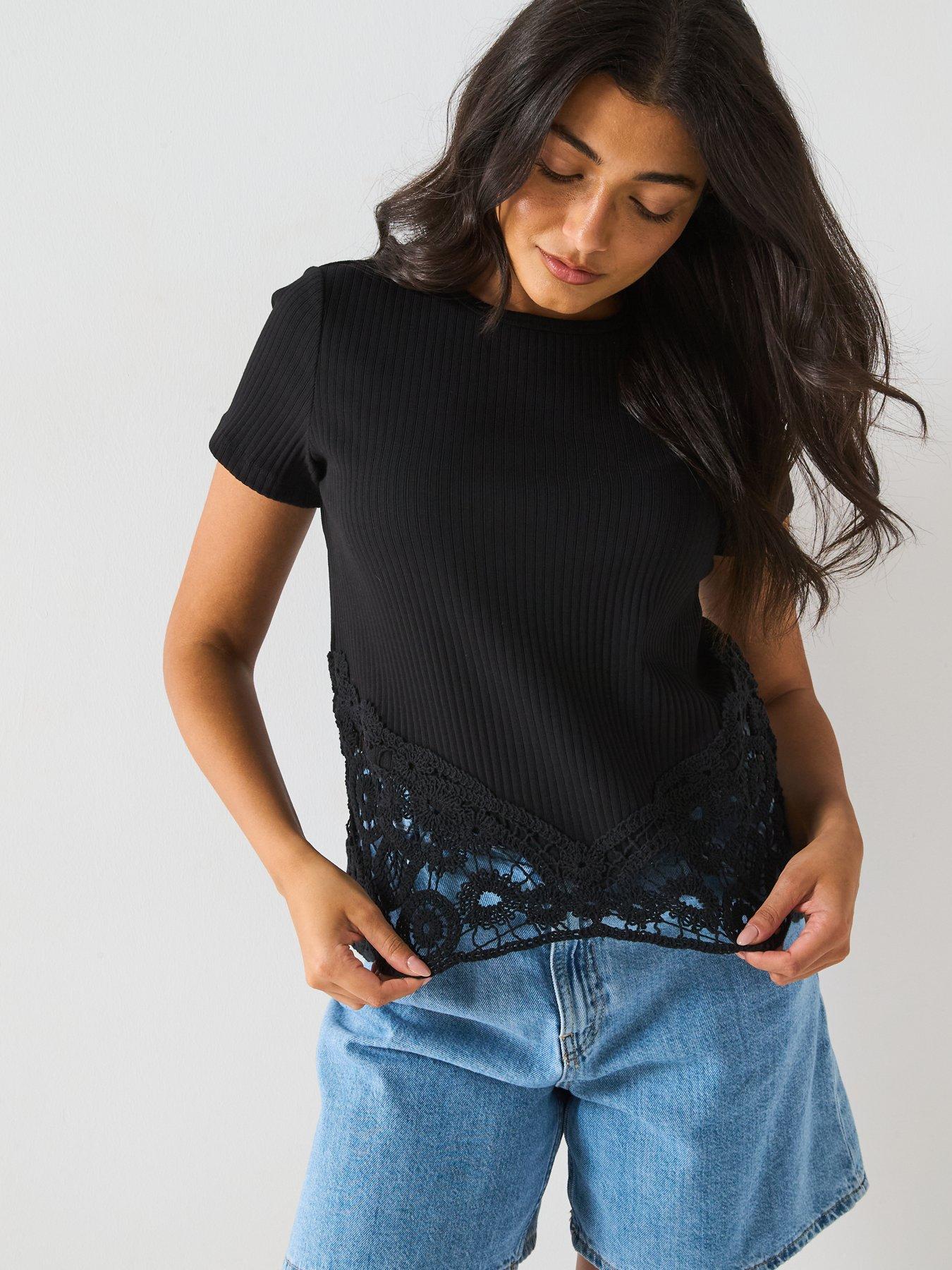  image of v-by-very-crochet-hem-rib-t-shirt